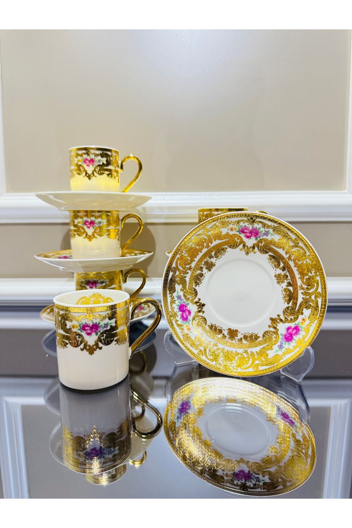 EVRA Bovaria 24K Altın Kabartma Handmade 6 Kişilik Fincan Takımı m5