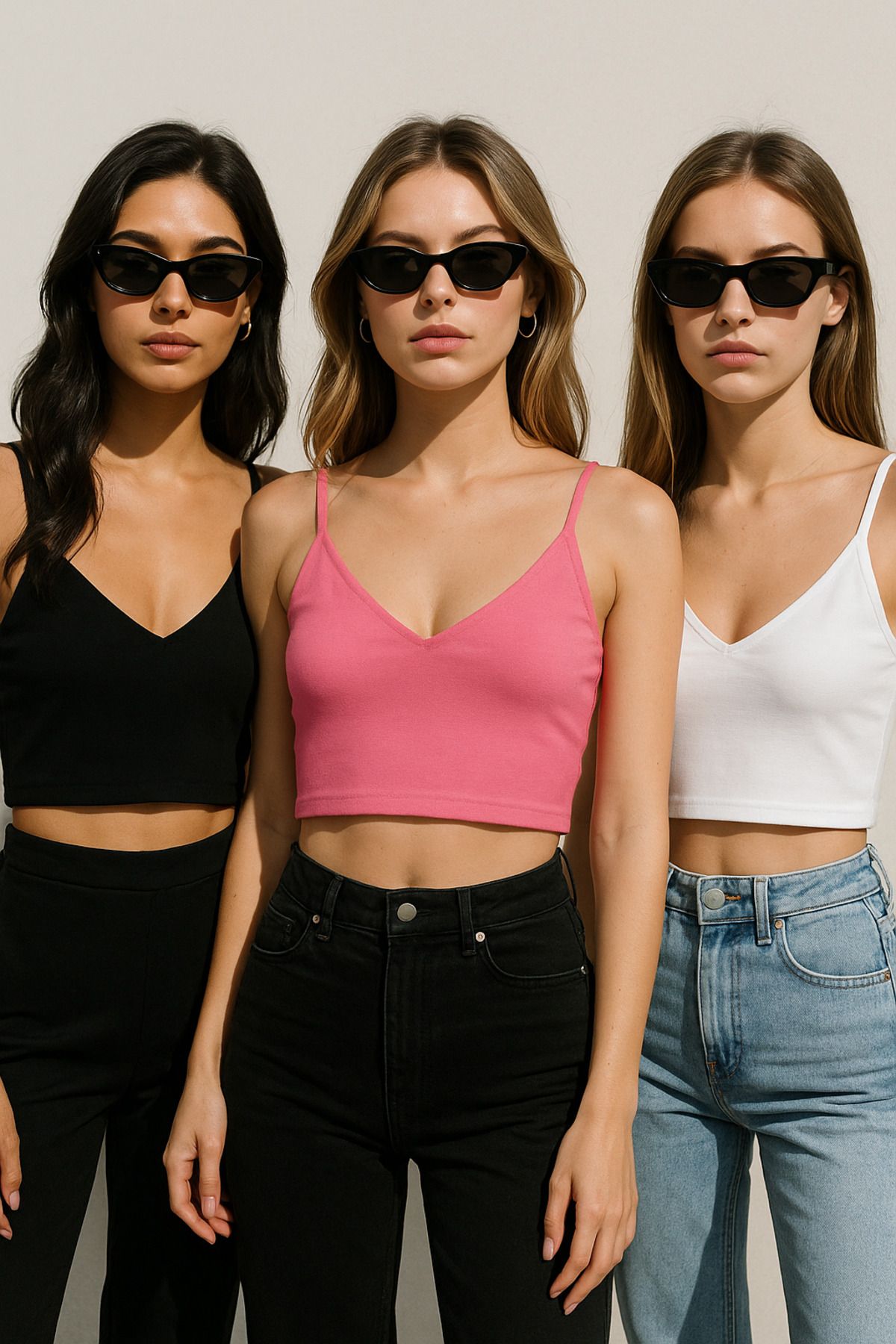 Rich Kadın 3'lü Paket Siyah Beyaz Pembe Kısa Crop İp Askılı V Yaka Krop Bluz Büstiyer