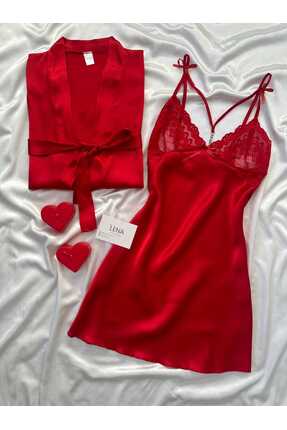 Lena Homewears Saten Kırmızı Asalet Gecelik Sabahlık Seti