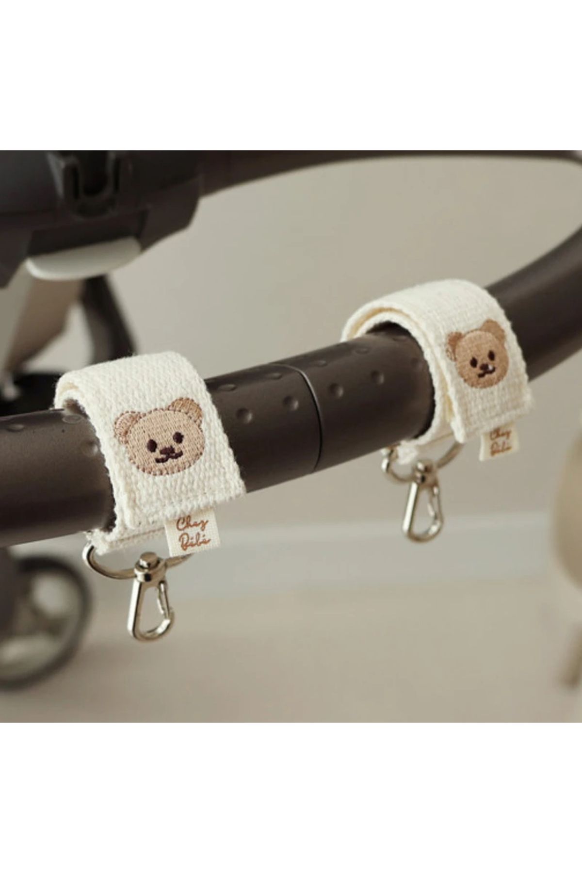 babylintr Teddy Desenli Bebek Arabası Kancası 2'li Set - Krem
