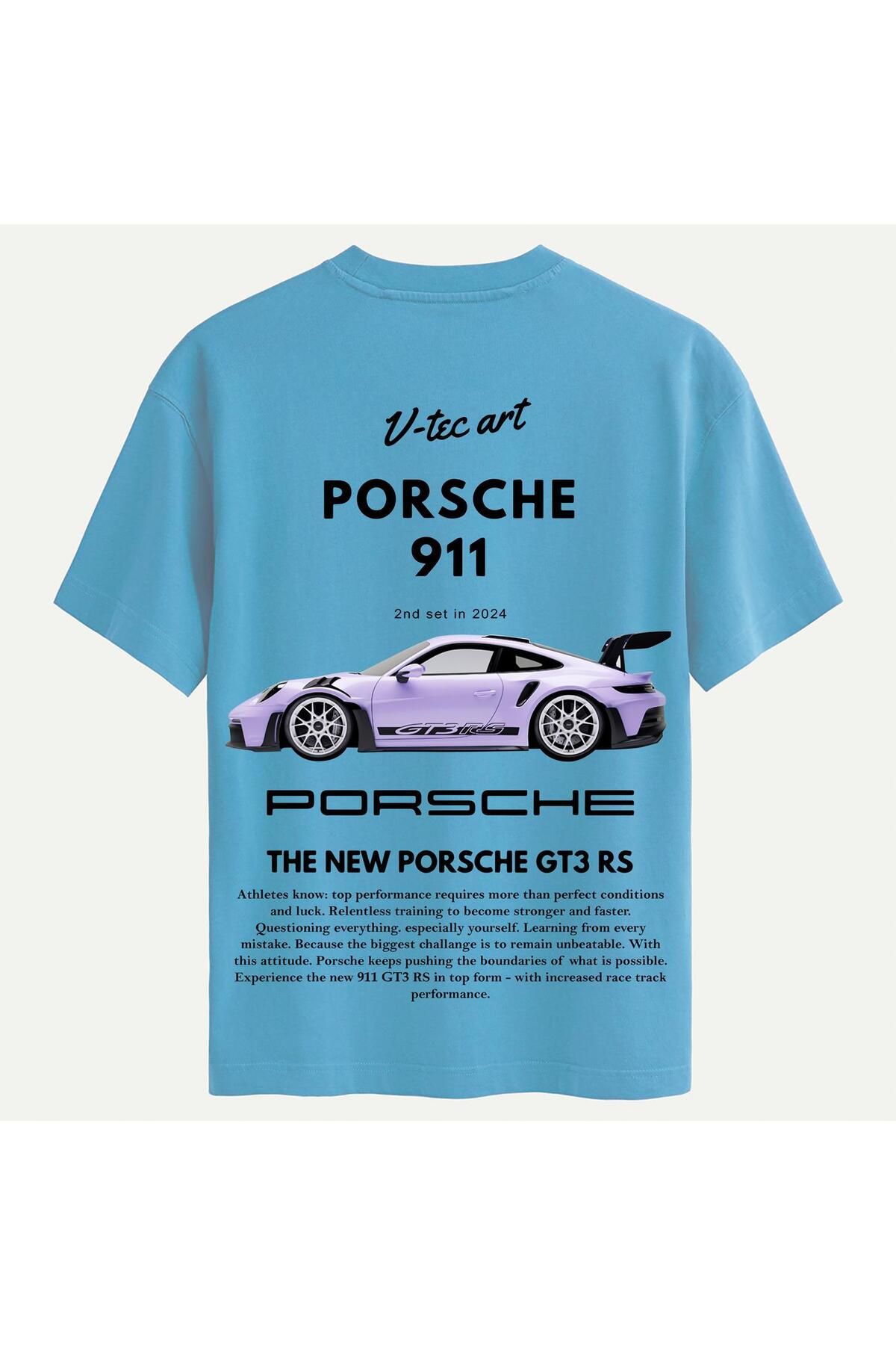 SOFTWAY Unisex Bisiklet Yaka %100 Organik Pamuklu Kalın Dokulu Porsche 911 Baskılı Oversize T-shirt - MAVİ