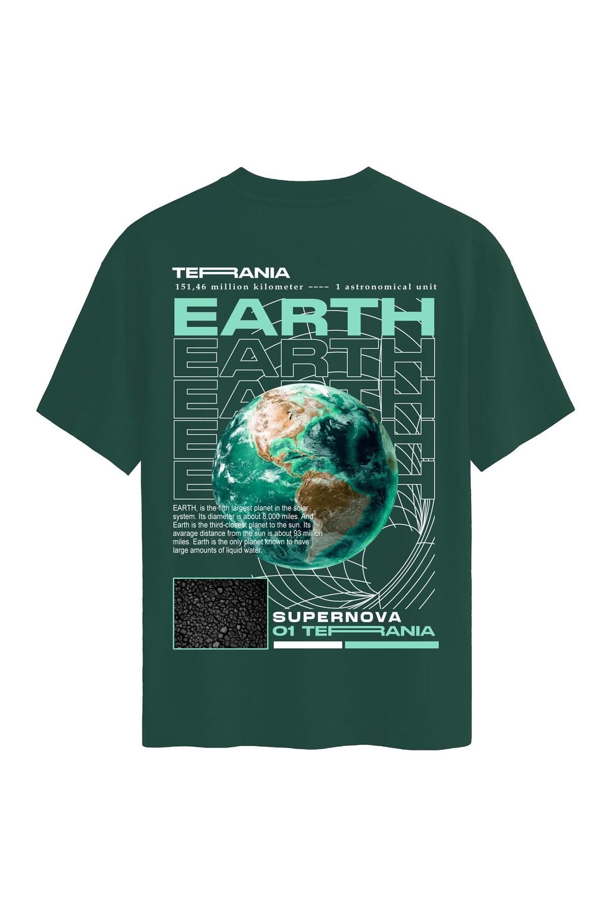 SOFTWAY Unisex Bisiklet Yaka %100 Organik Pamuklu Kalın Dokulu Earth Baskılı Oversize T-shirt - KOYU YEŞİL