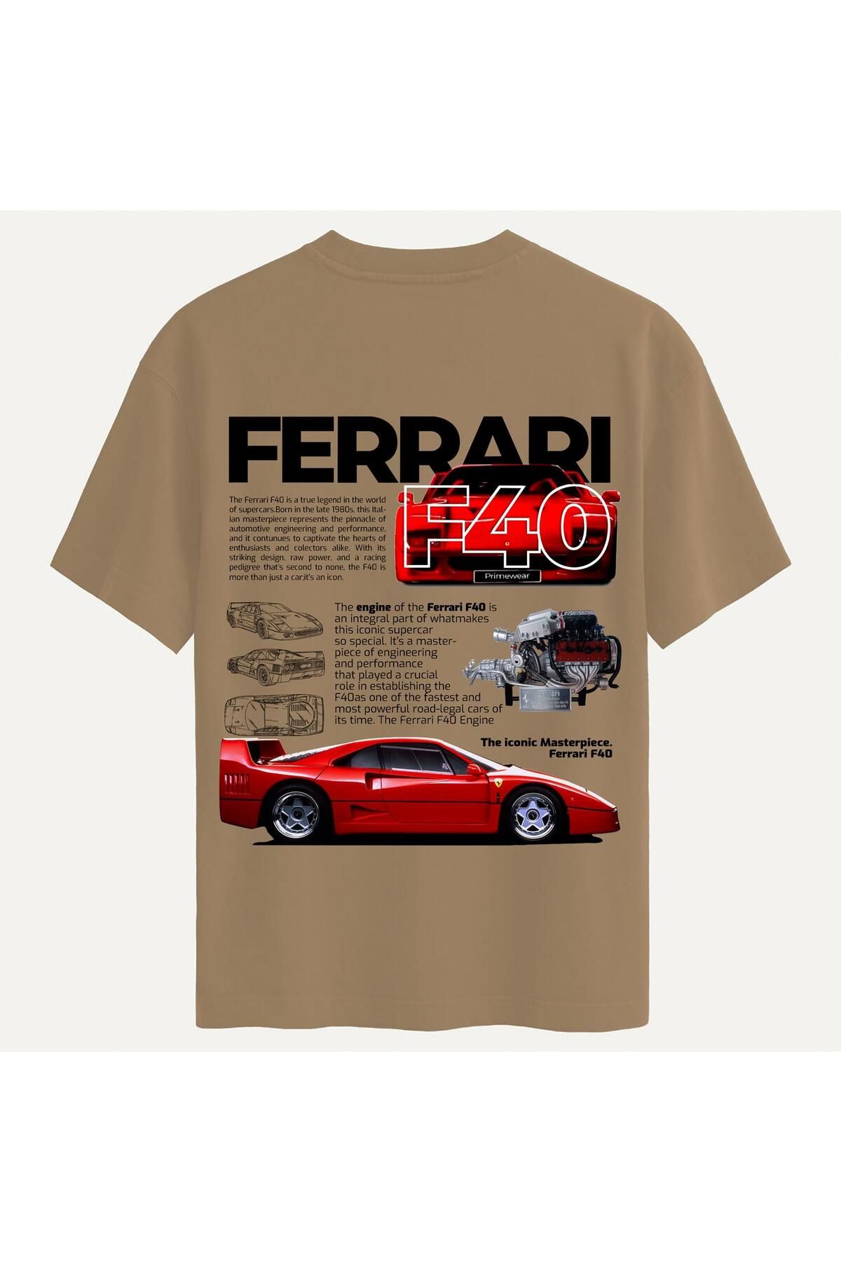 SOFTWAY Unisex Bisiklet Yaka %100 Organik Pamuklu Kalın Dokulu Ferrari F40 Baskılı Oversize T-shirt - AÇIK K
