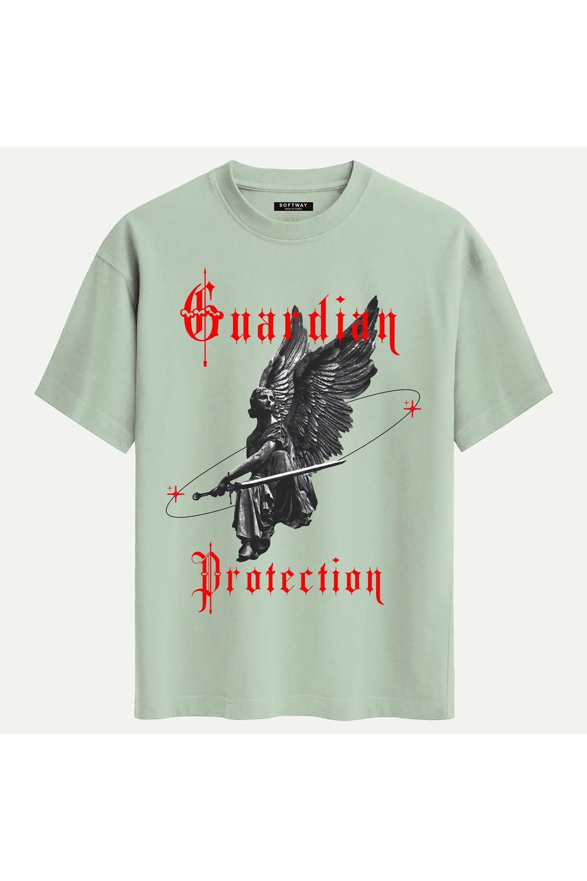 SOFTWAY Unisex Bisiklet Yaka %100 Organik Pamuklu Kalın Dokulu Guardian Protection Baskılı Oversize T-shirt