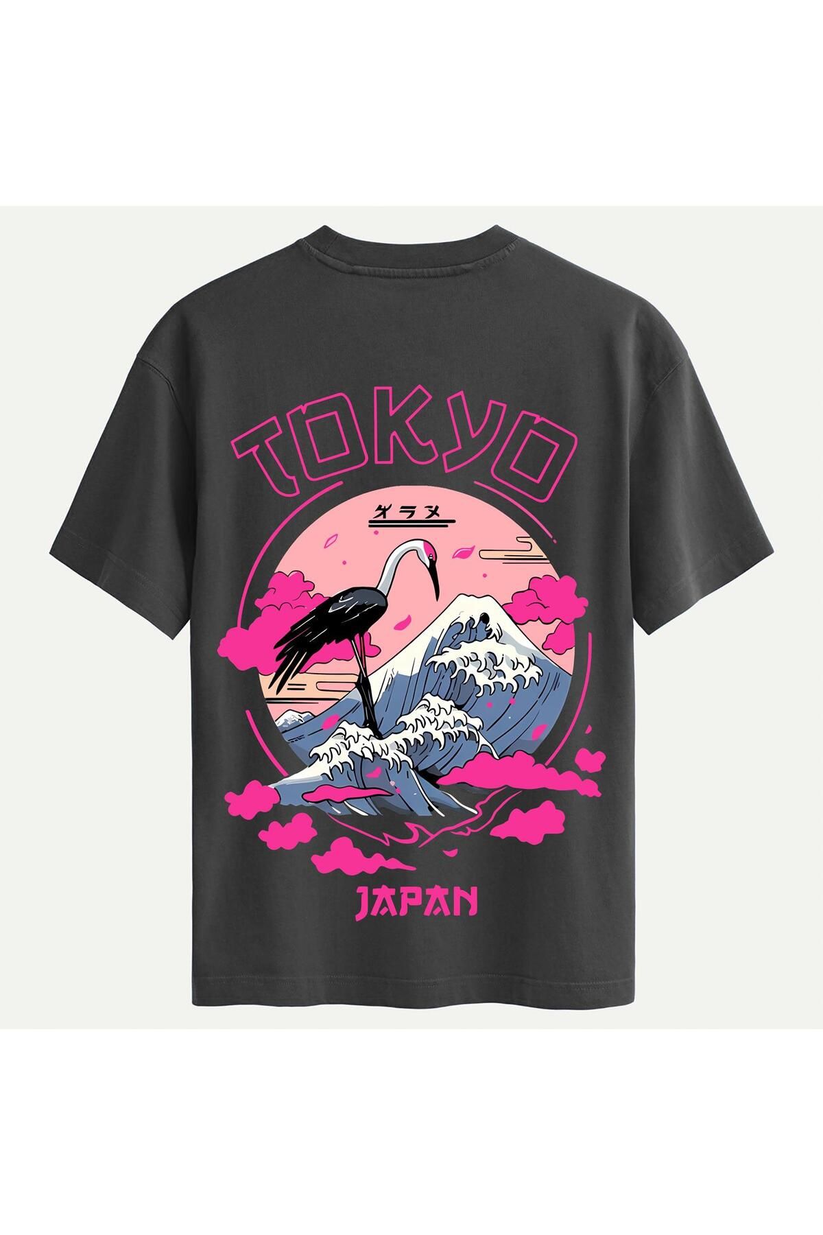 SOFTWAY Unisex Bisiklet Yaka %100 Organik Pamuklu Kalın Dokulu Tokyo Baskılı Oversize T-shirt - FÜME