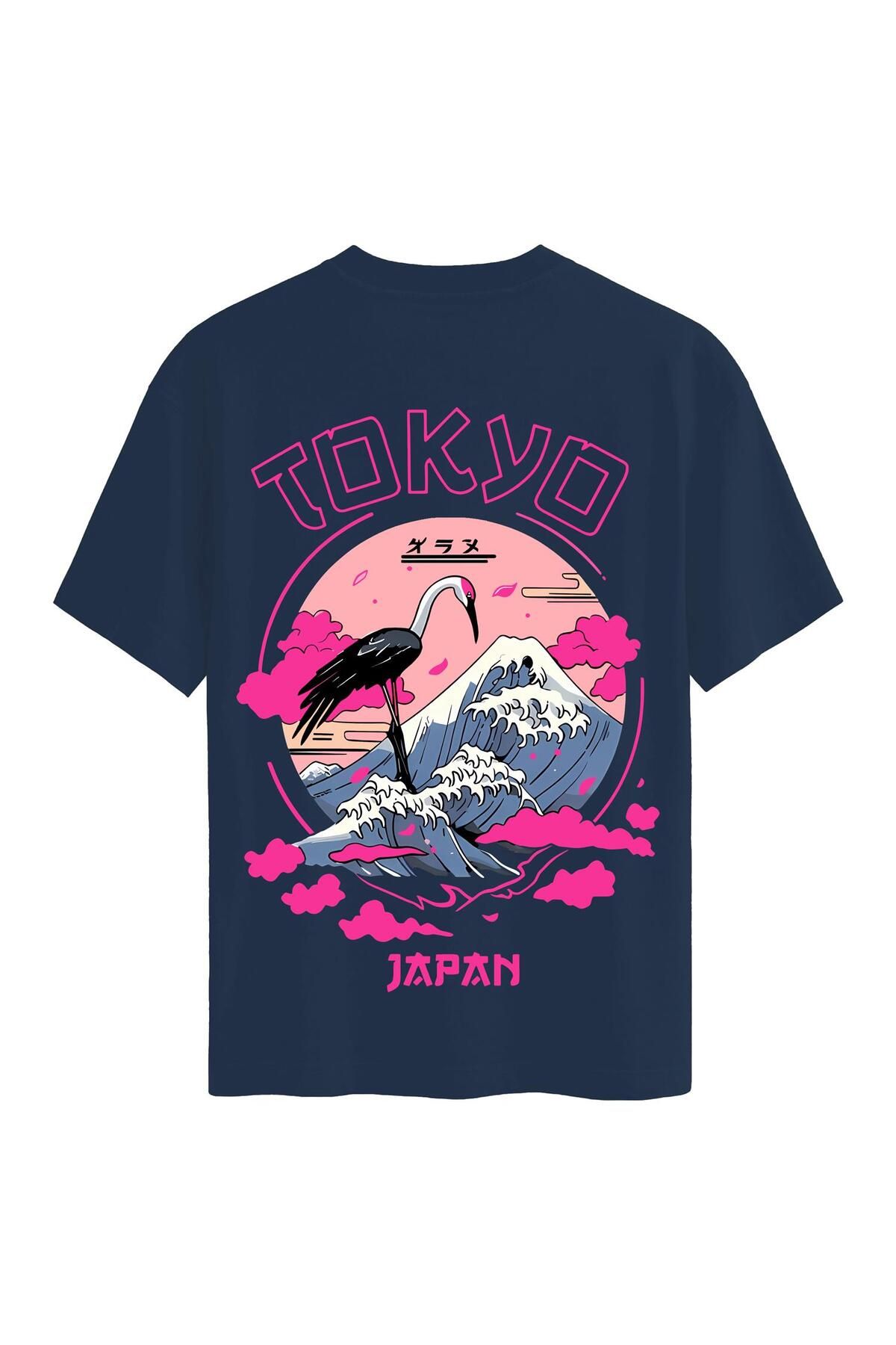 SOFTWAY Unisex Bisiklet Yaka %100 Organik Pamuklu Kalın Dokulu Tokyo Baskılı Oversize T-shirt - LACİVERT