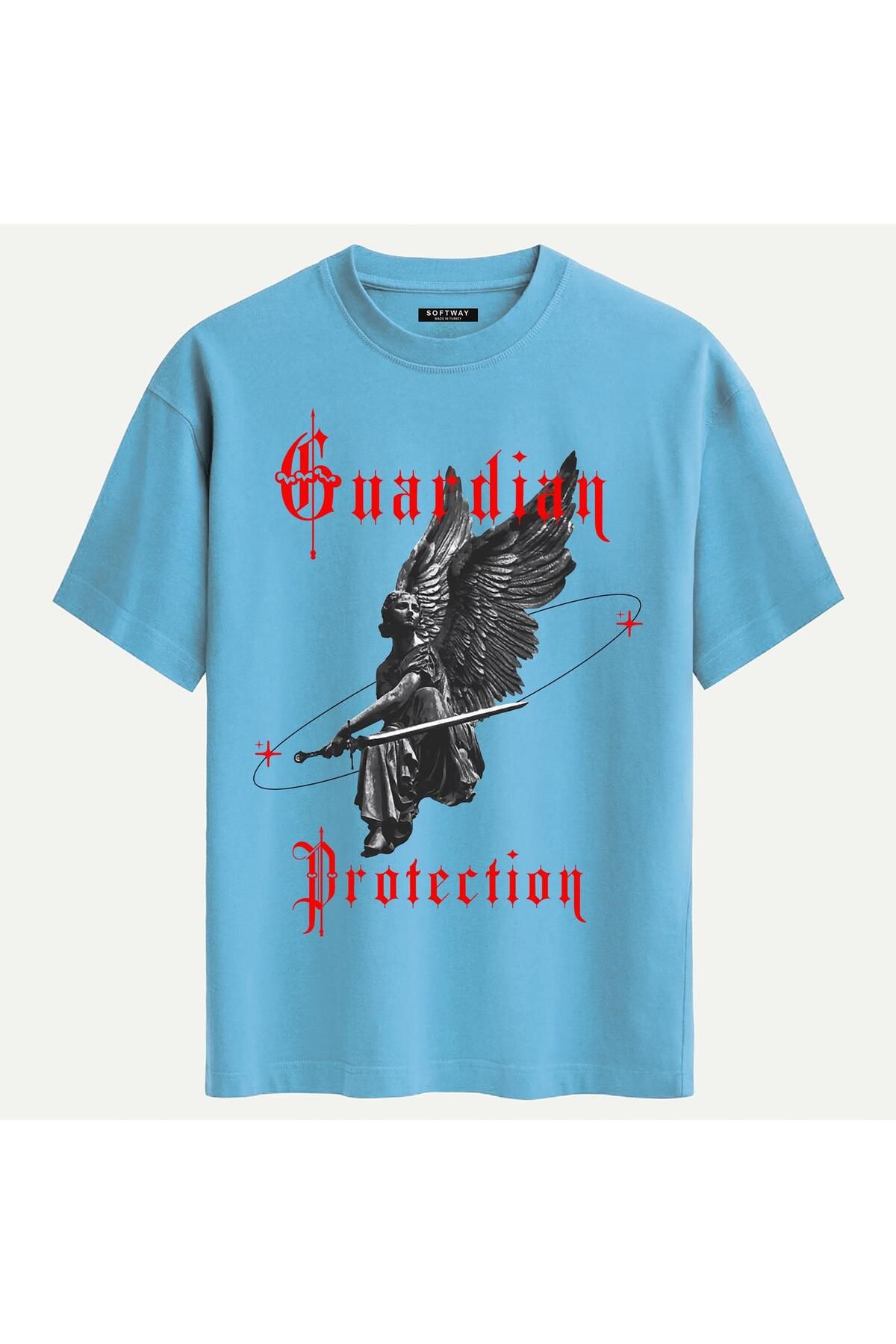 SOFTWAY Unisex Bisiklet Yaka %100 Organik Pamuklu Kalın Dokulu Guardian Protection Baskılı Oversize T-shirt