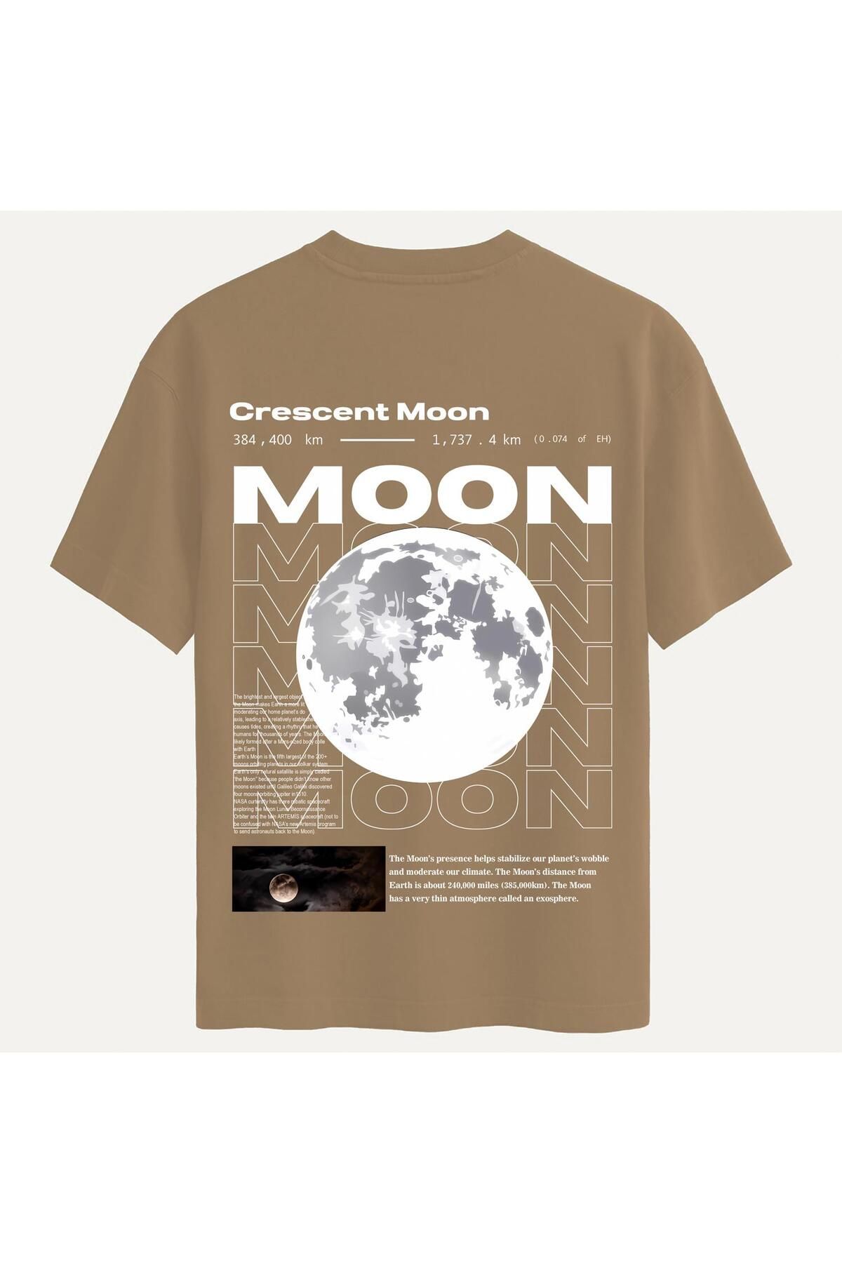 SOFTWAY Unisex Bisiklet Yaka %100 Organik Pamuklu Kalın Dokulu Moon Baskılı Oversize T-shirt - AÇIK KAHVEREN