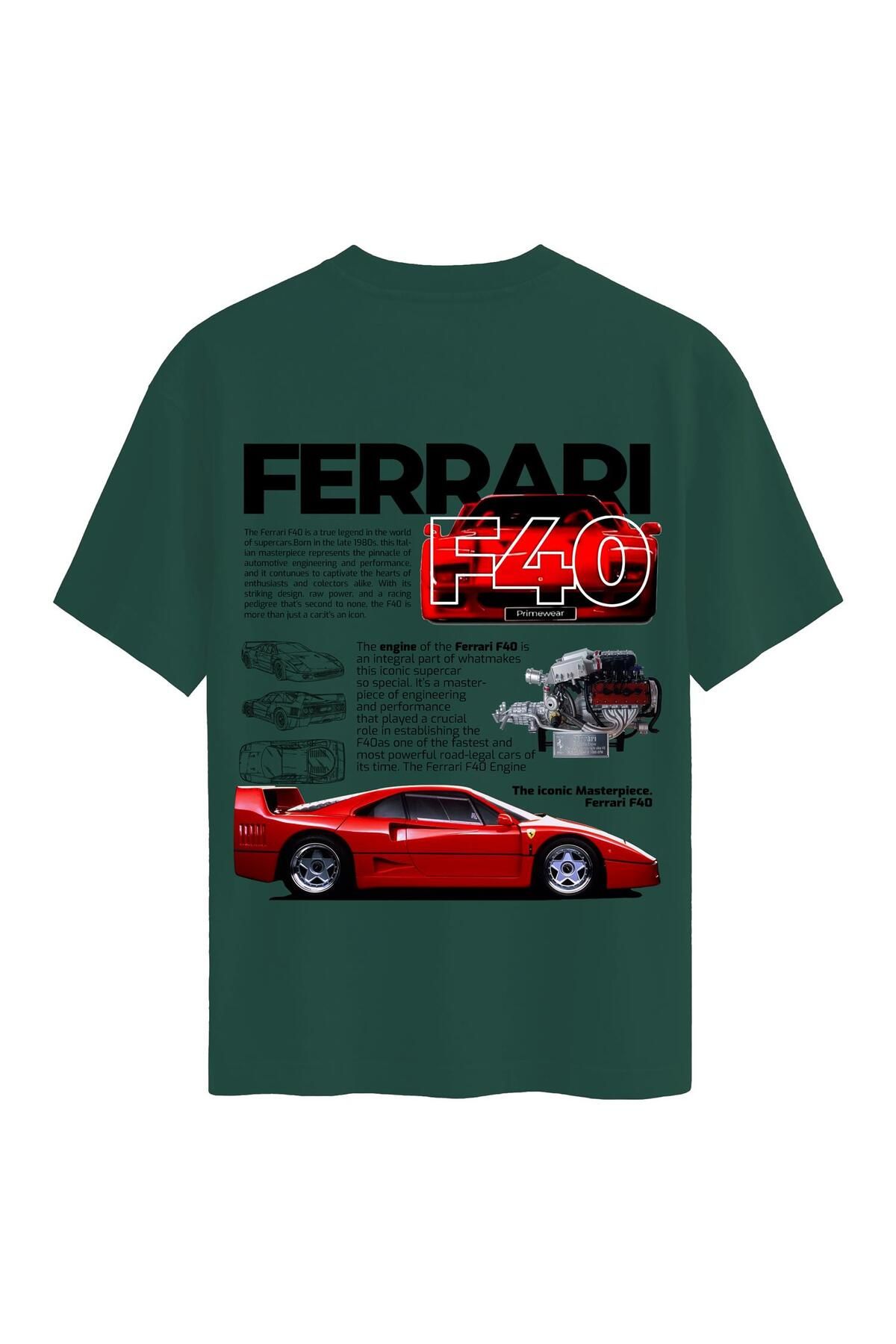 SOFTWAY Unisex Bisiklet Yaka %100 Organik Pamuklu Kalın Dokulu Ferrari F40 Baskılı Oversize T-shirt - KOYU Y