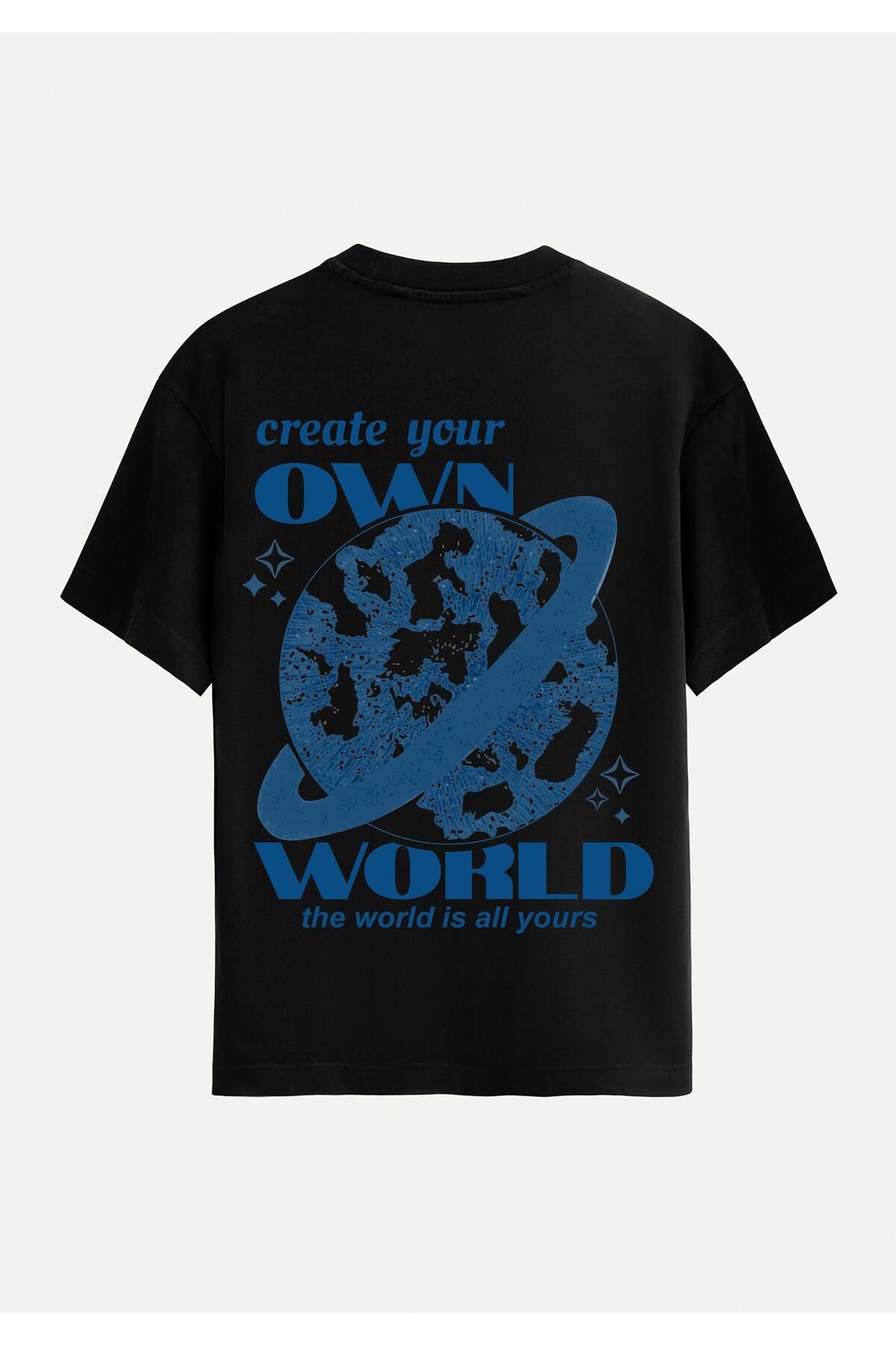 SOFTWAY Unisex Bisiklet Yaka %100 Organik Pamuklu Kalın Dokulu Own World Baskılı Oversize T-shirt - SİYAH
