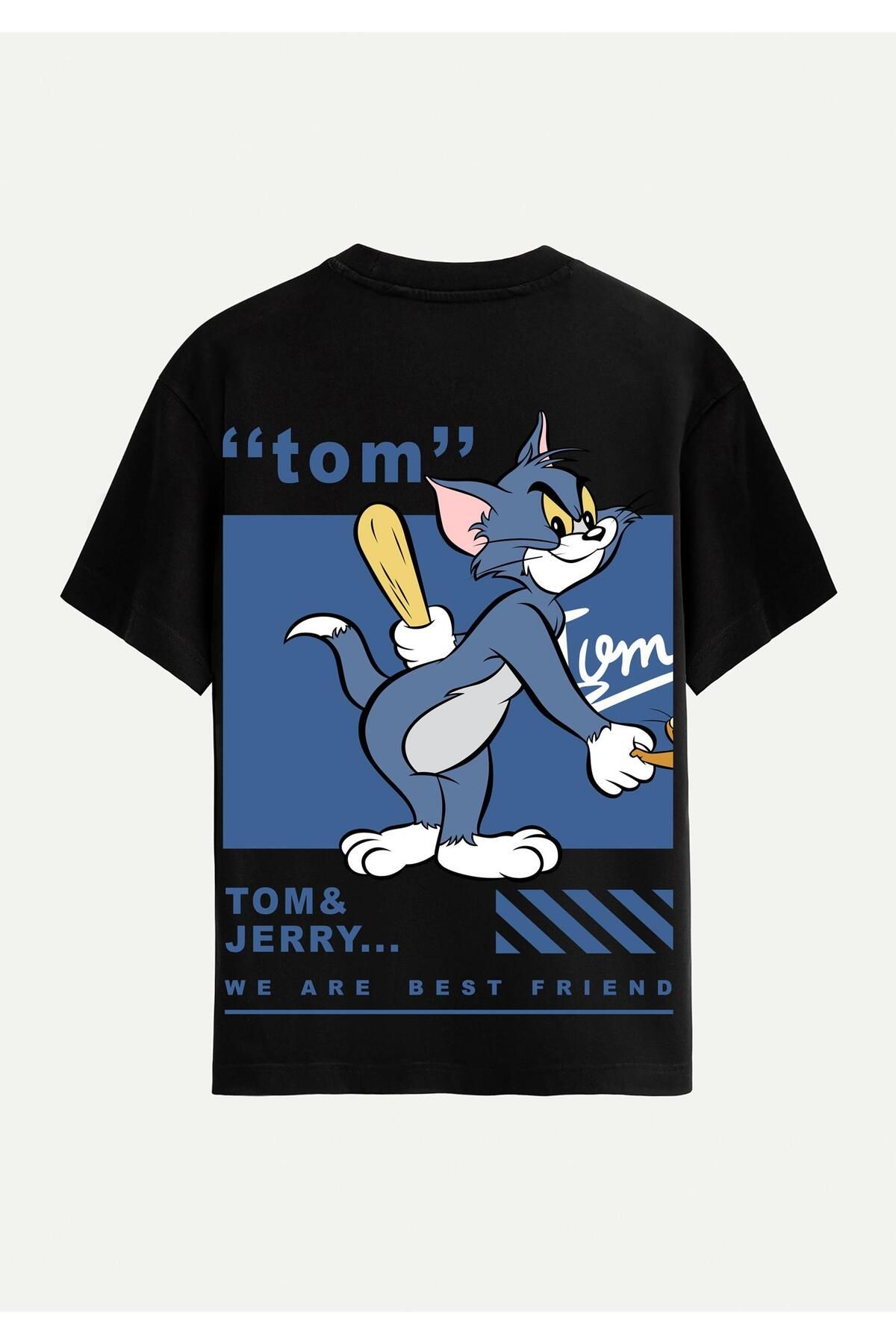 SOFTWAY Unisex Bisiklet Yaka %100 Organik Pamuklu Kalın Dokulu Tom Baskılı Oversize T-shirt - SİYAH