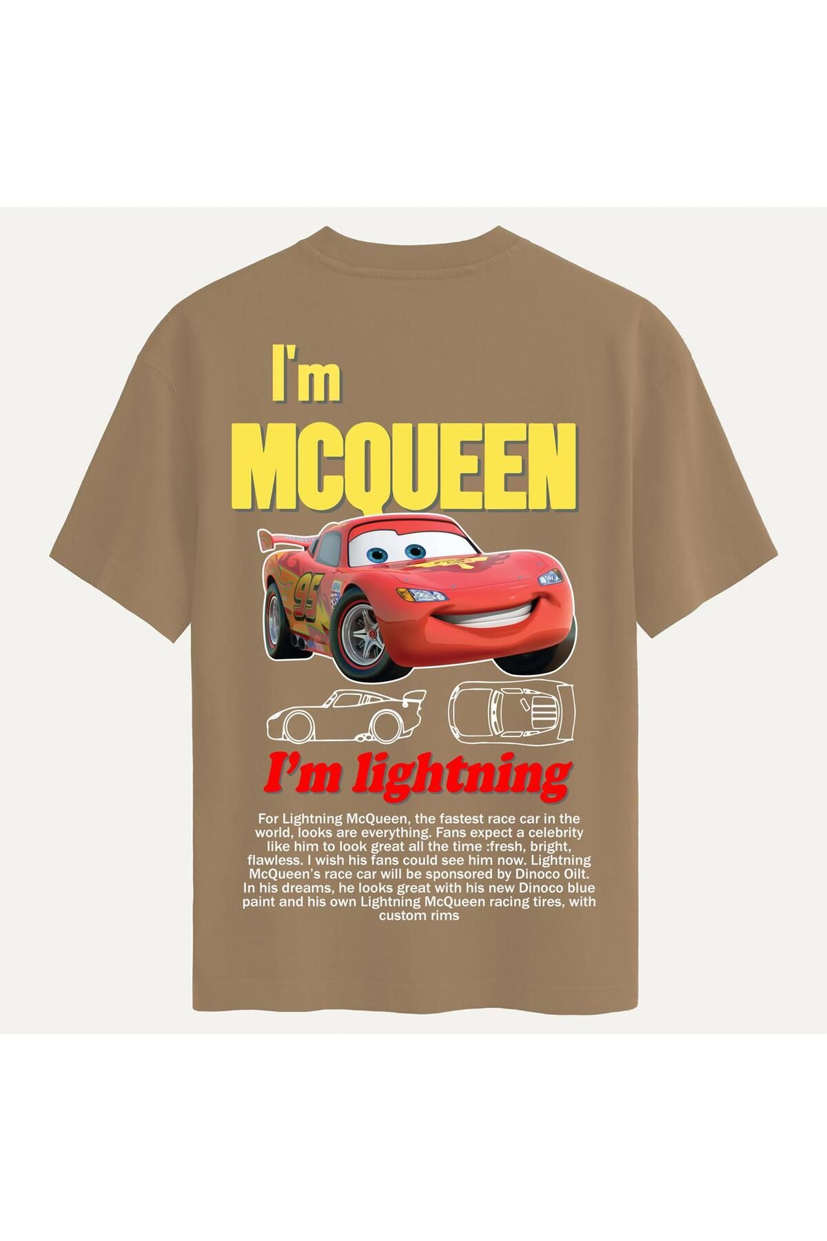 SOFTWAY Unisex Bisiklet Yaka %100 Organik Pamuklu Kalın Dokulu McQueen Baskılı Oversize T-shirt - AÇIK KAHVE