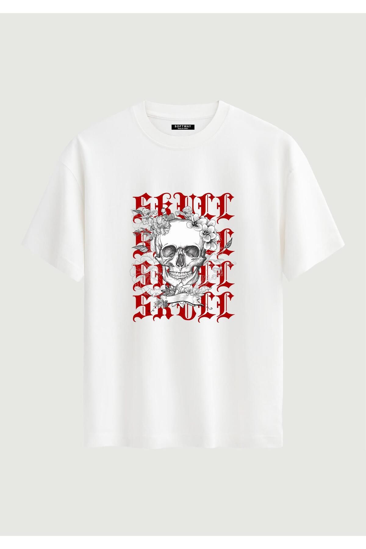 SOFTWAY Unisex Bisiklet Yaka %100 Organik Pamuklu Kalın Dokulu Skull Baskılı Oversize T-shirt - BEYAZ