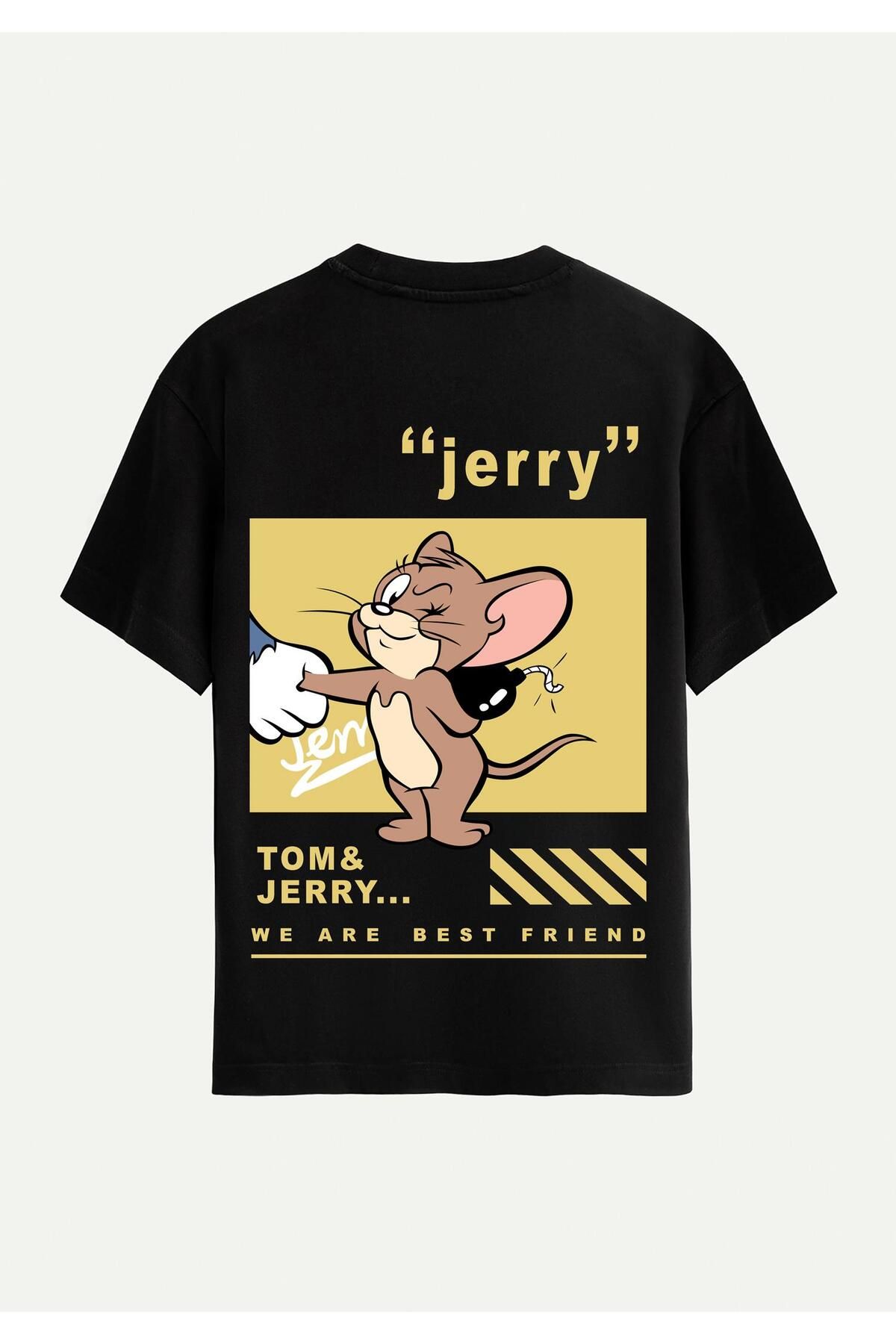 SOFTWAY Unisex Bisiklet Yaka %100 Organik Pamuklu Kalın Dokulu Jerry Baskılı Oversize T-shirt - SİYAH