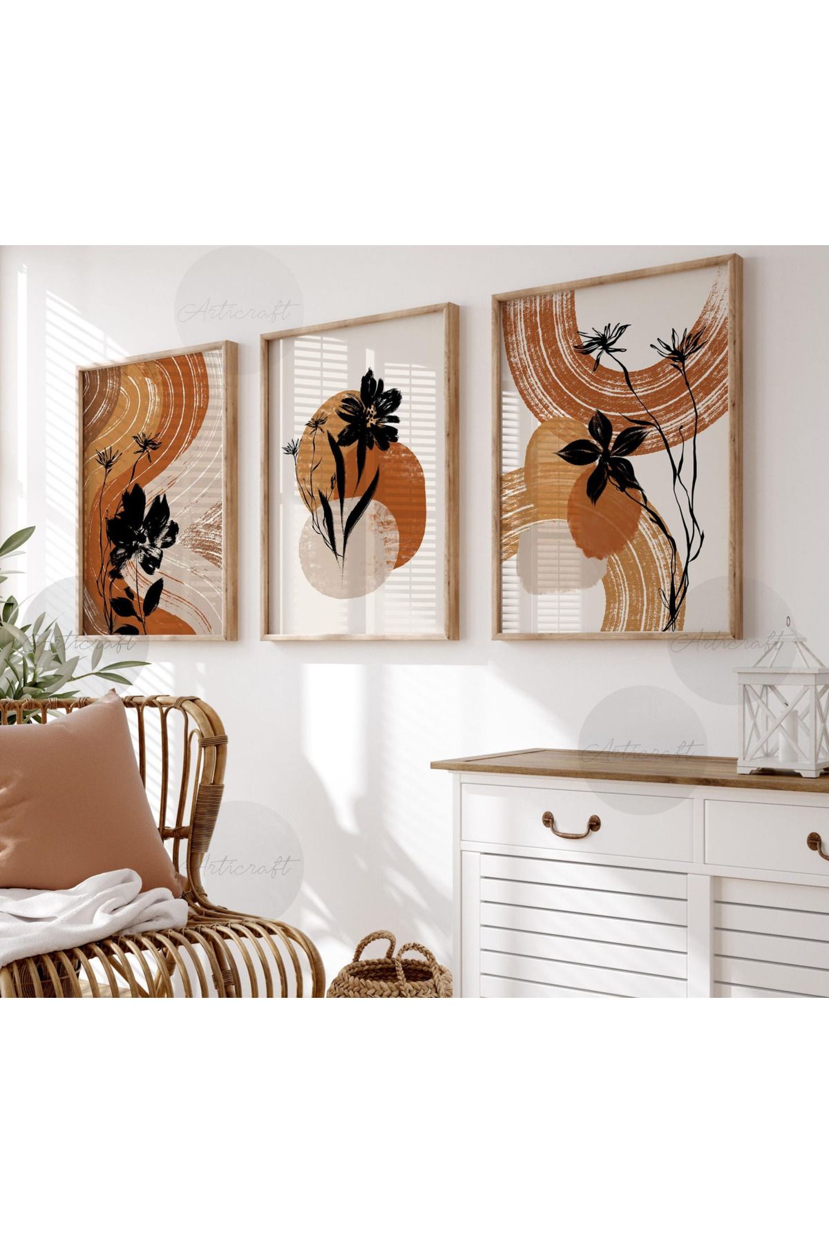 woodhomeworks Ahşap Çerçeveli 3lü Soyut Tablo