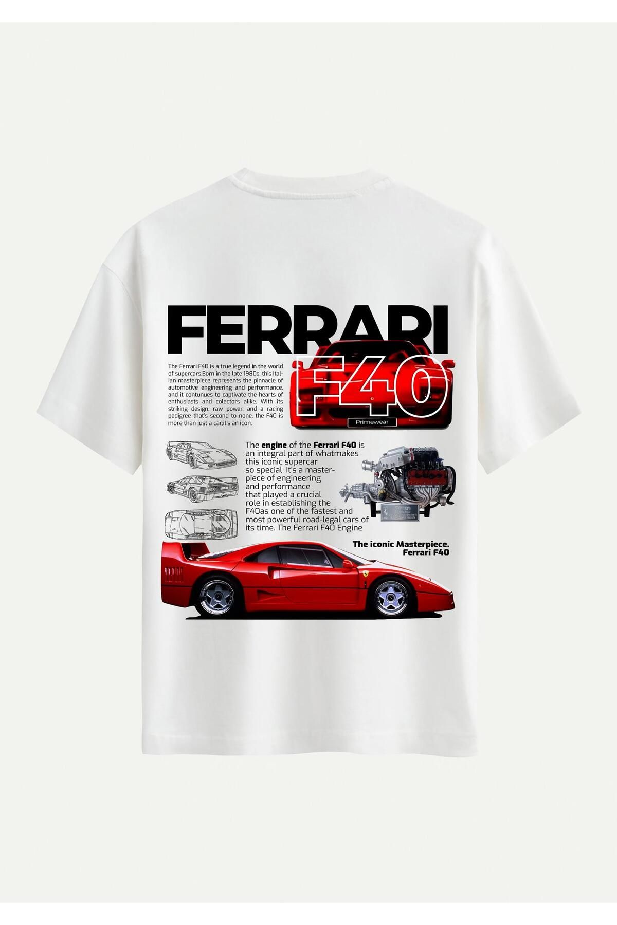 SOFTWAY Unisex Bisiklet Yaka %100 Organik Pamuklu Kalın Dokulu Ferrari F40 Baskılı Oversize T-shirt - EKRU