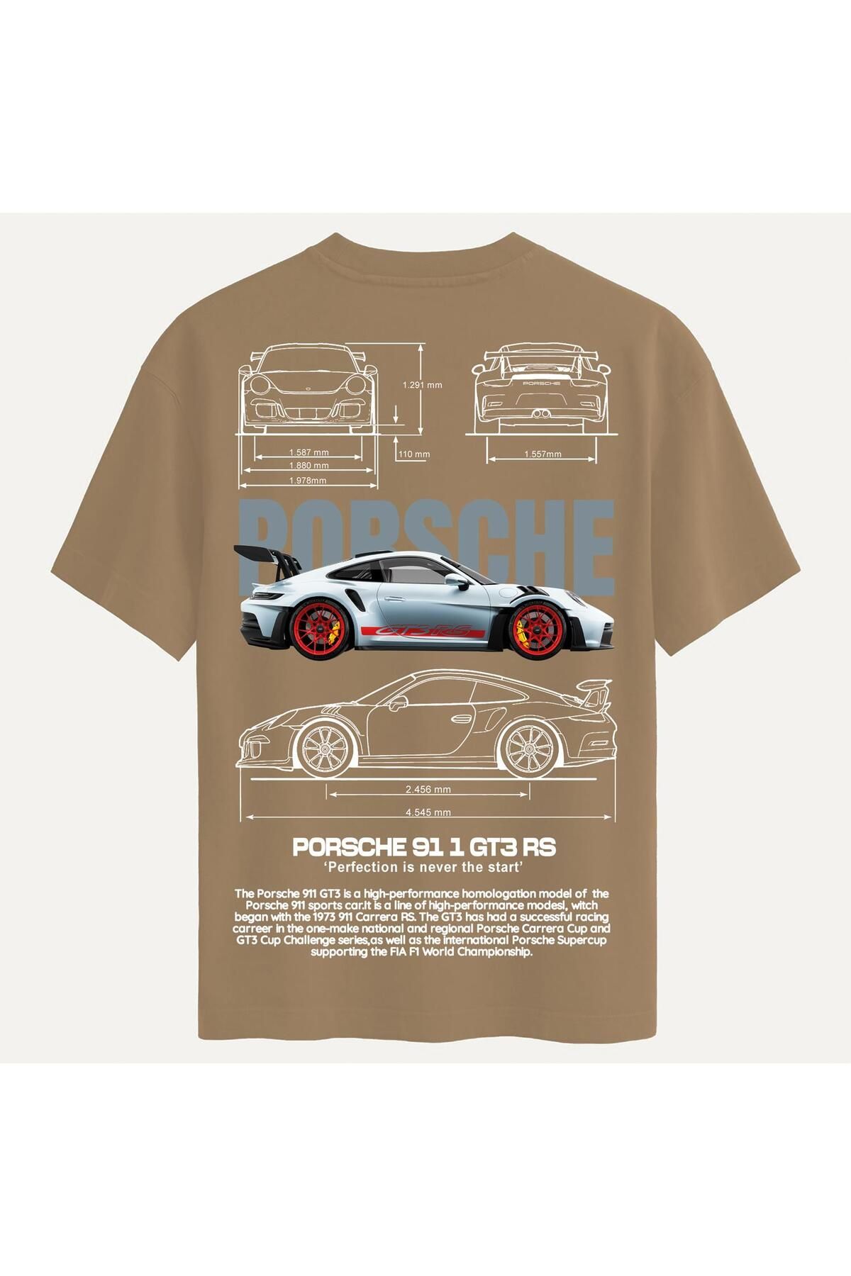 SOFTWAY Unisex Bisiklet Yaka %100 Organik Pamuklu Kalın Dokulu Porsche 911 gt3 rs Baskılı Oversize T-shirt -
