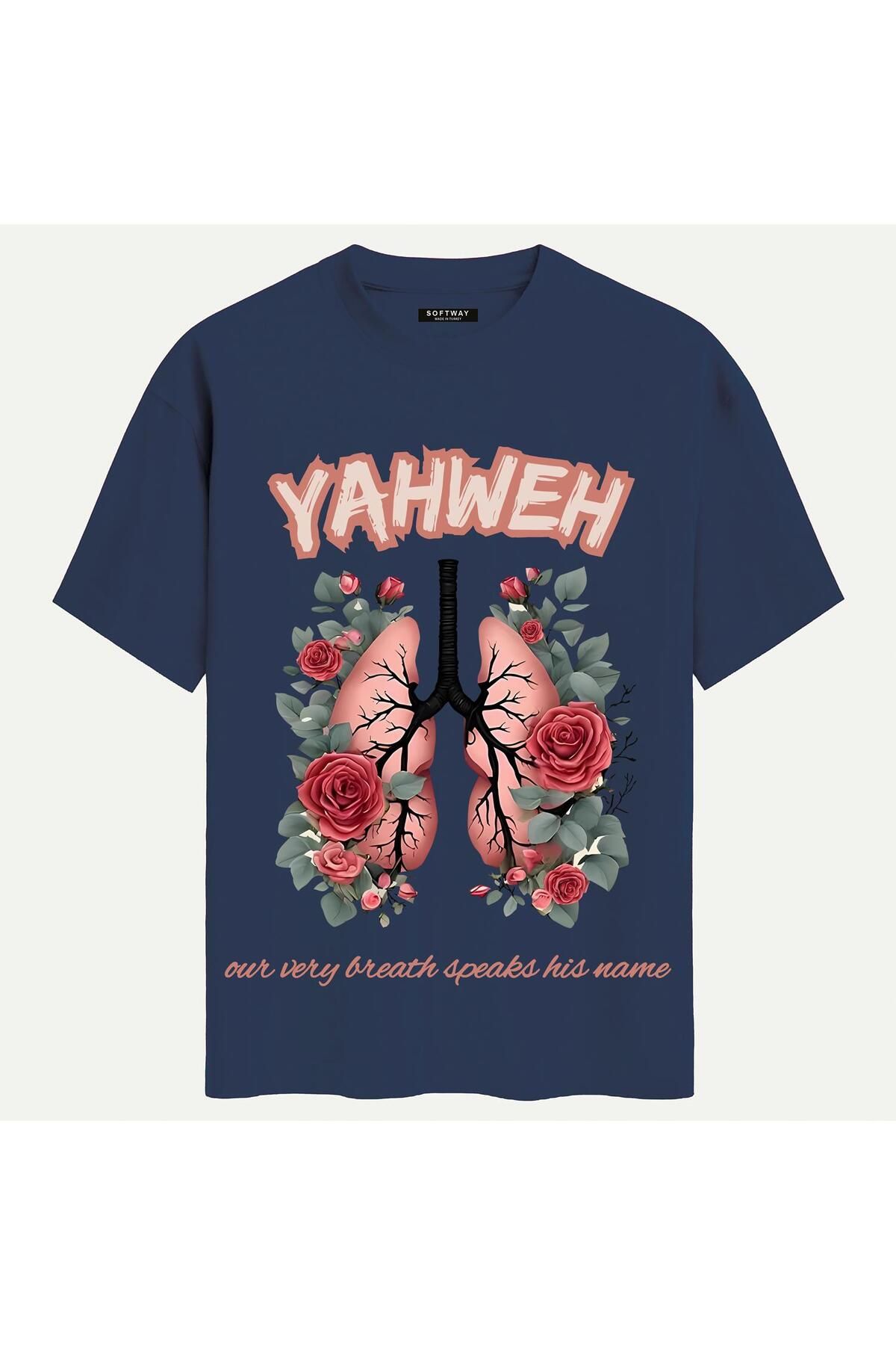 SOFTWAY Unisex Bisiklet Yaka %100 Organik Pamuklu Kalın Dokulu YAHWEH Baskılı Oversize T-shirt - LACİVERT