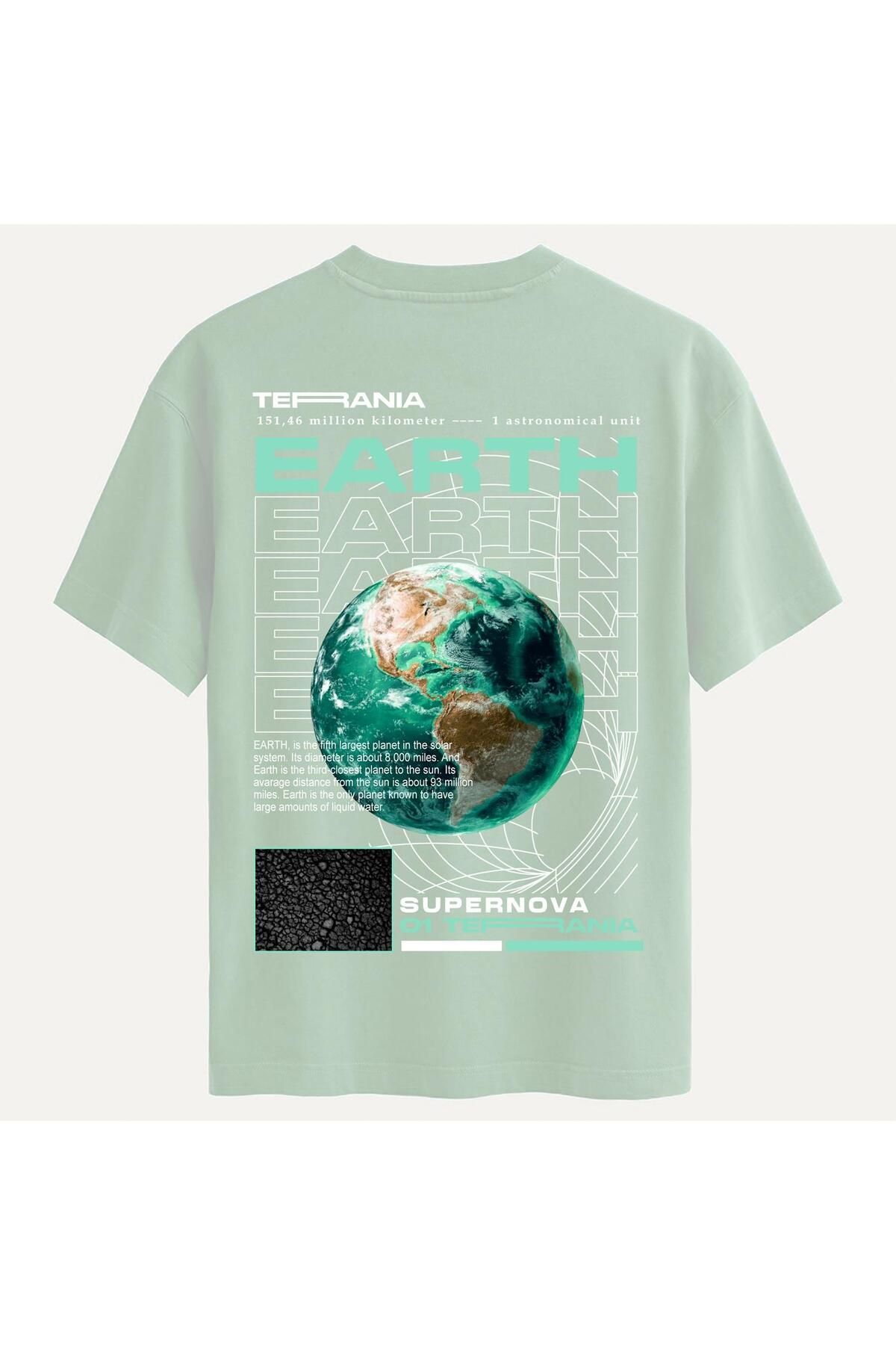 SOFTWAY Unisex Bisiklet Yaka %100 Organik Pamuklu Kalın Dokulu Earth Baskılı Oversize T-shirt - BEJ