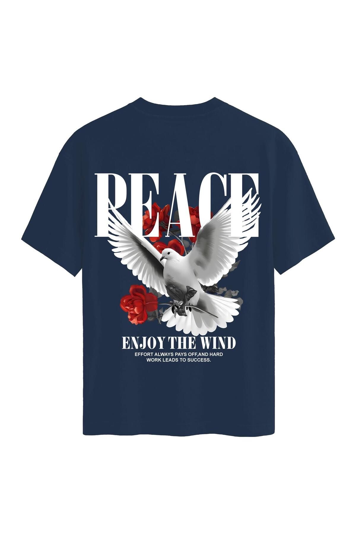 SOFTWAY Unisex Bisiklet Yaka %100 Organik Pamuklu Kalın Dokulu Peace Baskılı Oversize T-shirt - LACİVERT