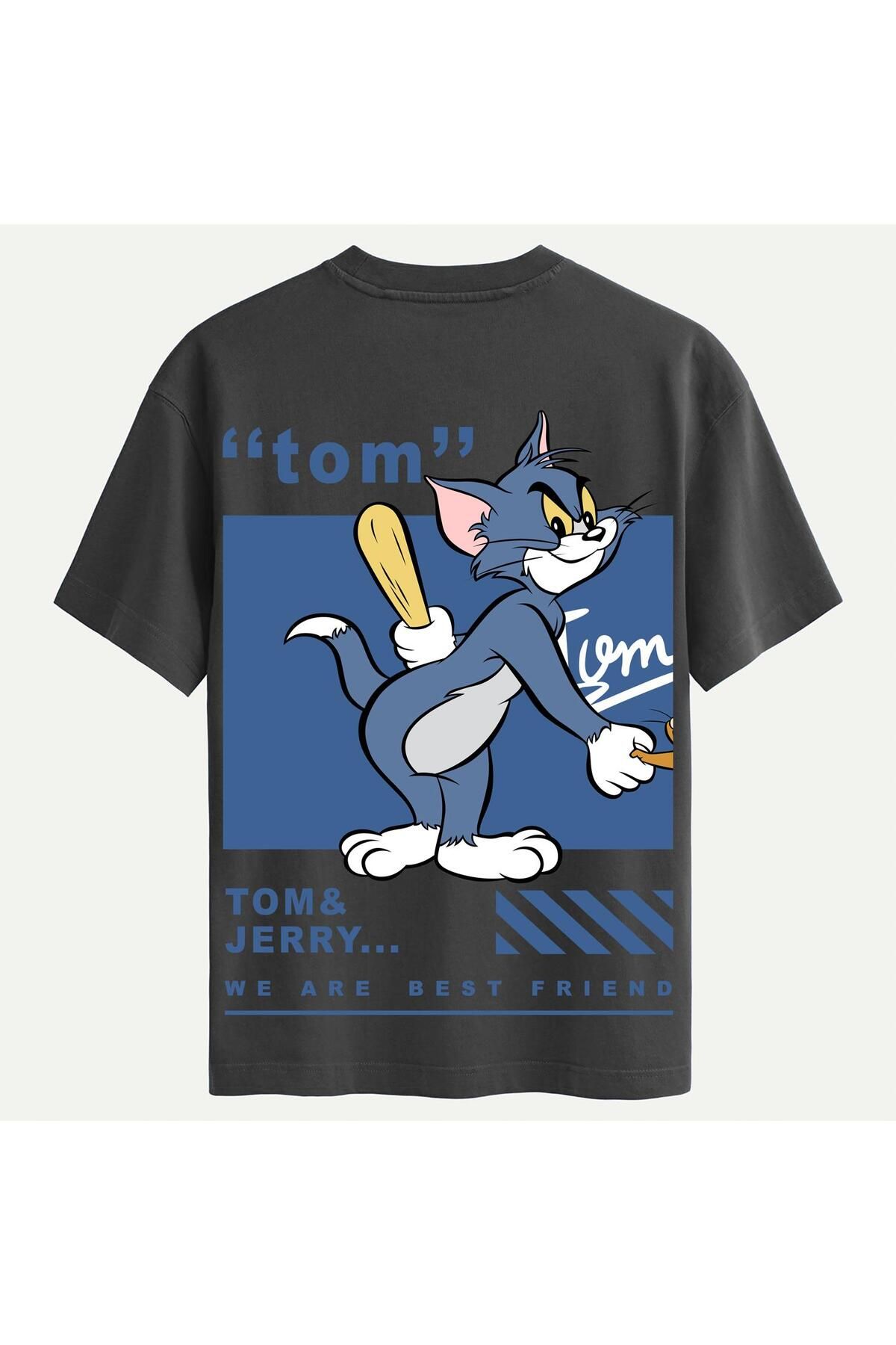 SOFTWAY Unisex Bisiklet Yaka %100 Organik Pamuklu Kalın Dokulu Tom Baskılı Oversize T-shirt - FÜME