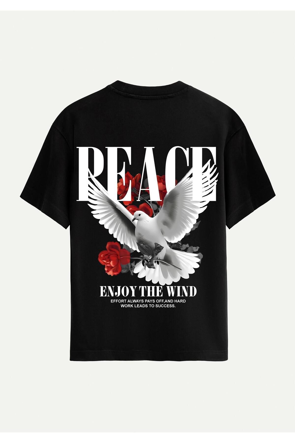 SOFTWAY Unisex Bisiklet Yaka %100 Organik Pamuklu Kalın Dokulu Peace Baskılı Oversize T-shirt - SİYAH