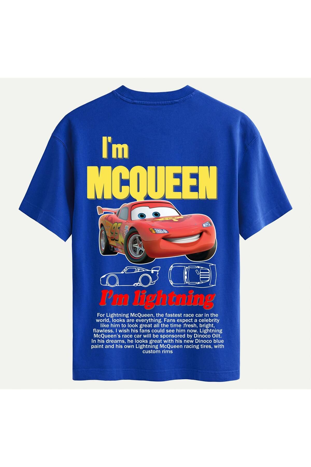 SOFTWAY Unisex Bisiklet Yaka %100 Organik Pamuklu Kalın Dokulu McQueen Baskılı Oversize T-shirt - SAKS MAVİS