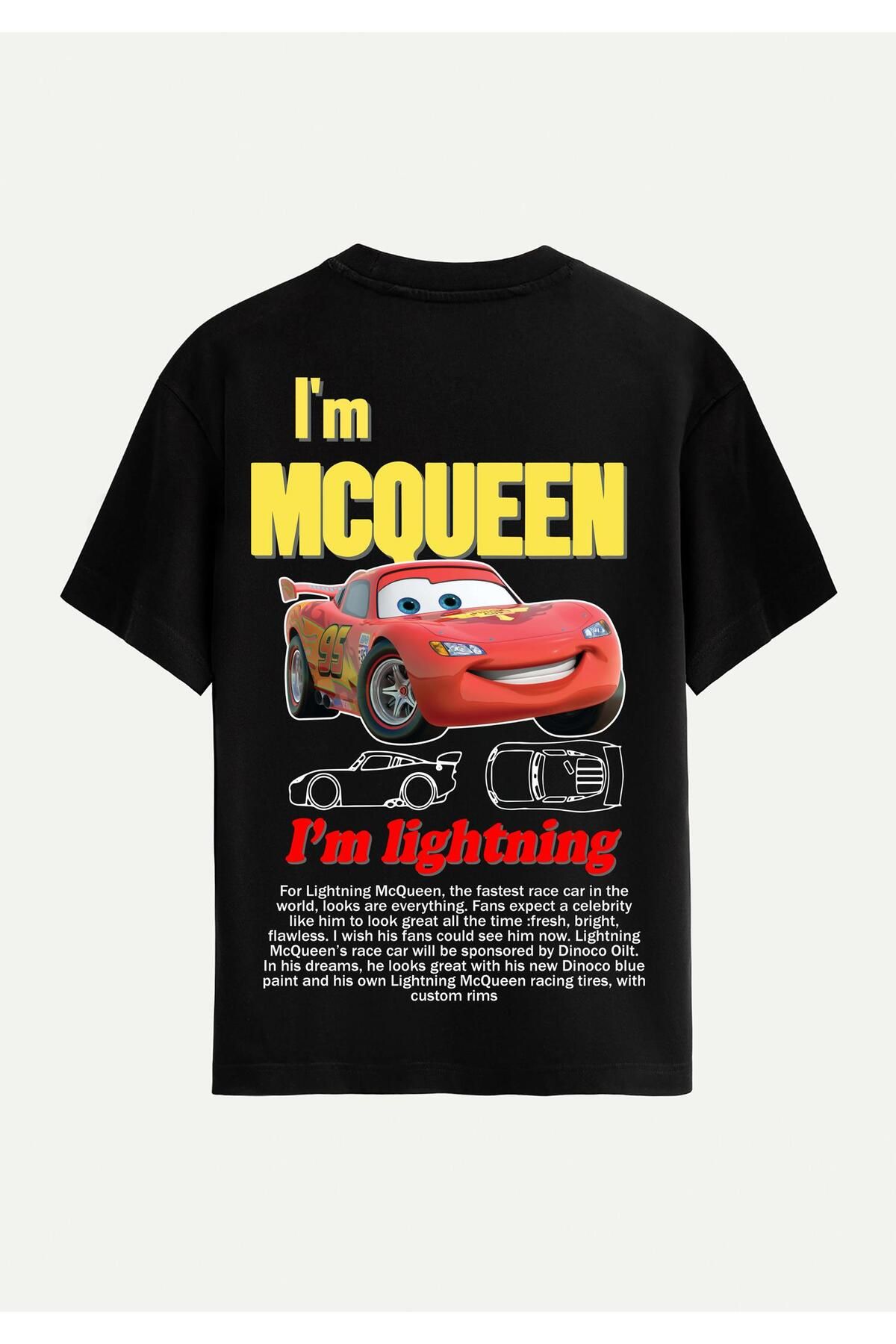SOFTWAY Unisex Bisiklet Yaka %100 Organik Pamuklu Kalın Dokulu McQueen Baskılı Oversize T-shirt - SİYAH