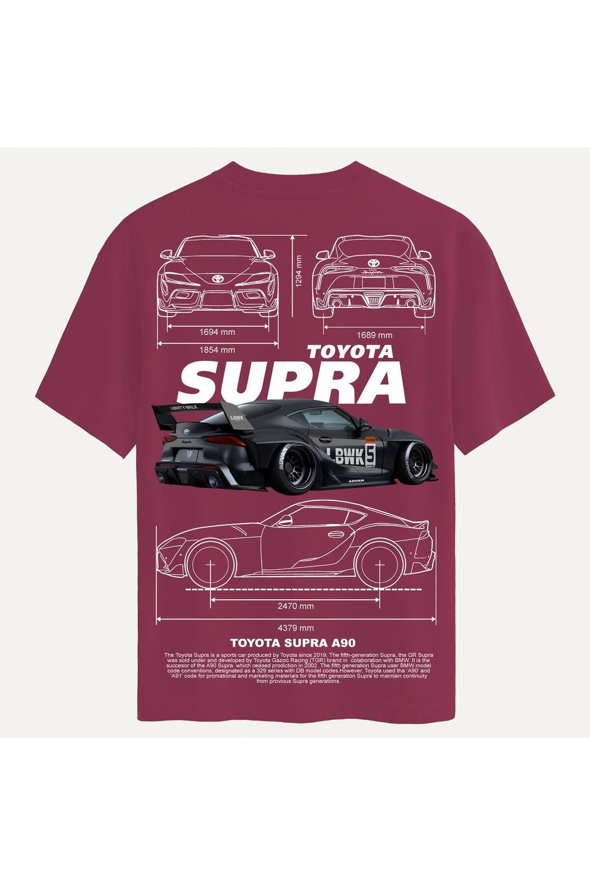 SOFTWAY Unisex Bisiklet Yaka %100 Organik Pamuklu Kalın Dokulu Toyota Supra A90 Baskılı Oversize T-shirt - B
