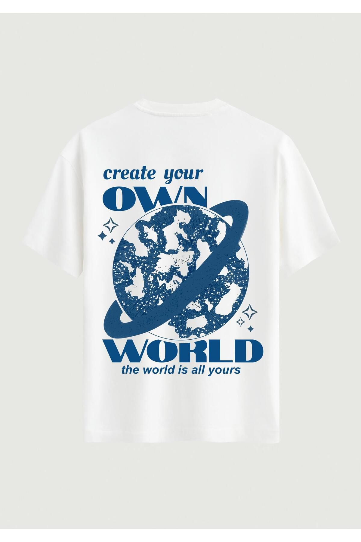 SOFTWAY Unisex Bisiklet Yaka %100 Organik Pamuklu Kalın Dokulu Own World Baskılı Oversize T-shirt - BEYAZ
