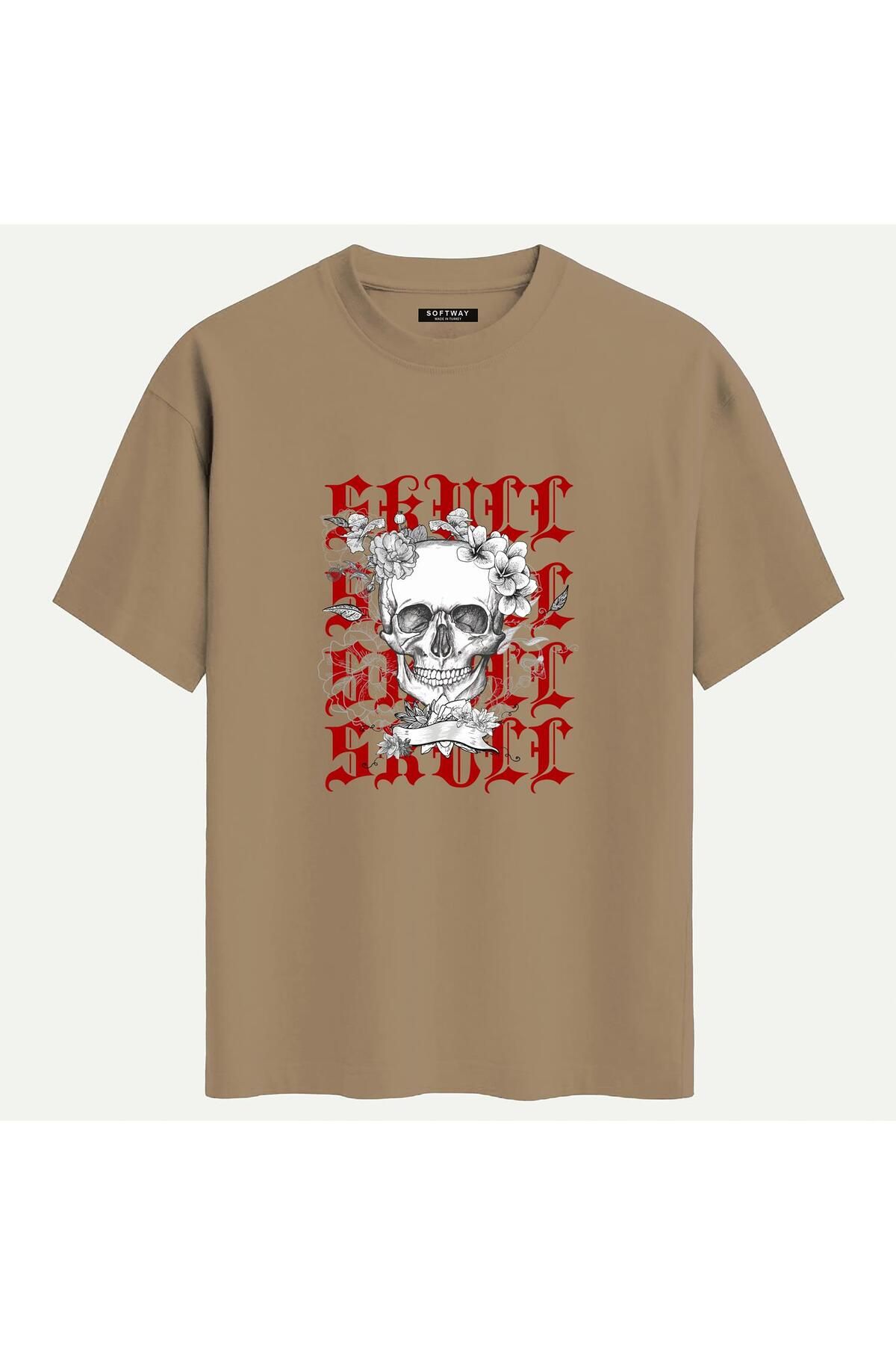 SOFTWAY Unisex Bisiklet Yaka %100 Organik Pamuklu Kalın Dokulu Skull Baskılı Oversize T-shirt - AÇIK KAHVERE