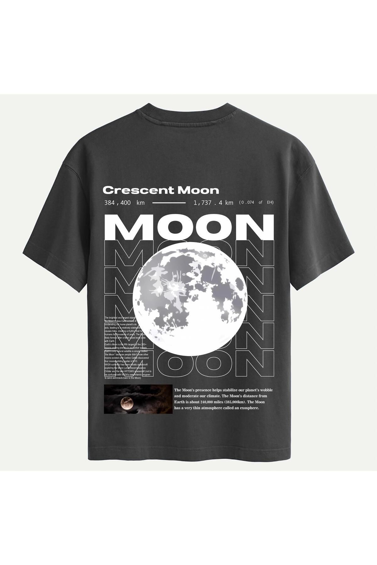 SOFTWAY Unisex Bisiklet Yaka %100 Organik Pamuklu Kalın Dokulu Moon Baskılı Oversize T-shirt - FÜME