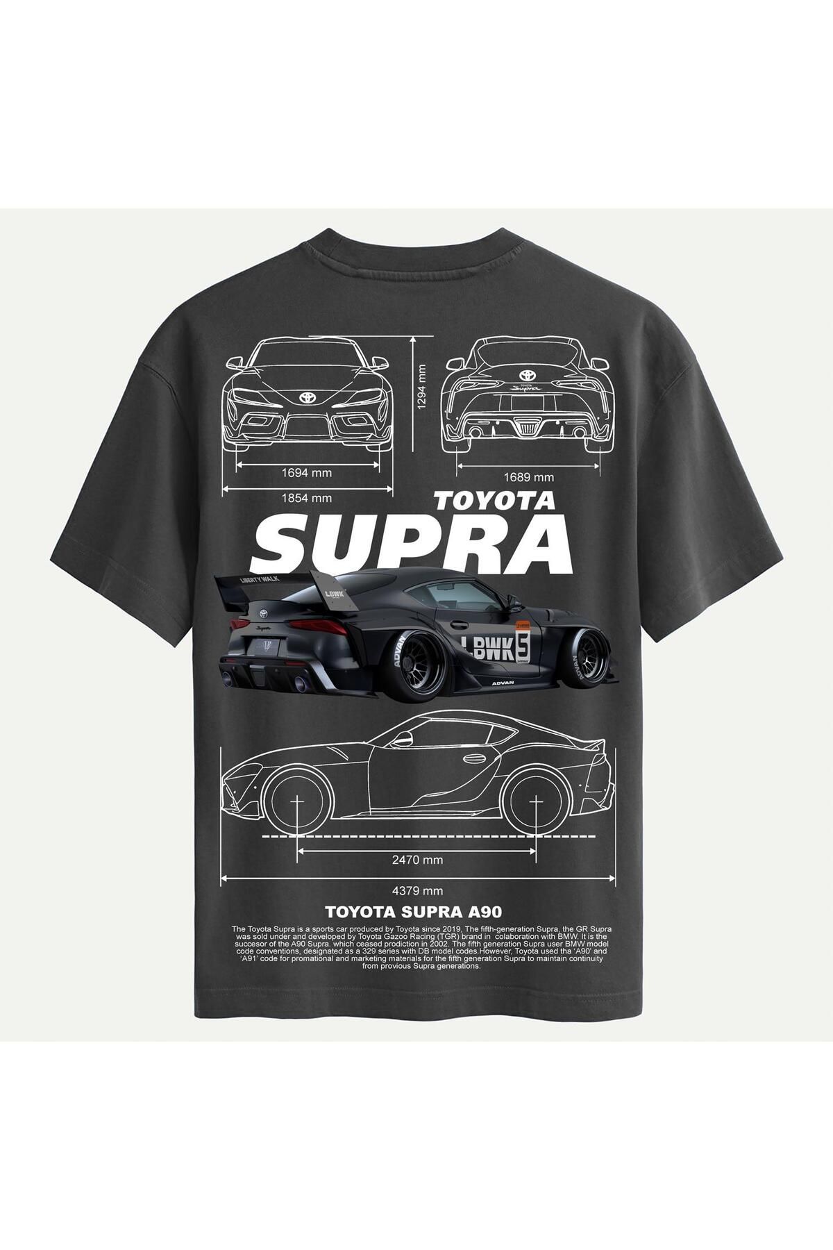 SOFTWAY Unisex Bisiklet Yaka %100 Organik Pamuklu Kalın Dokulu Toyota Supra A90 Baskılı Oversize T-shirt - F