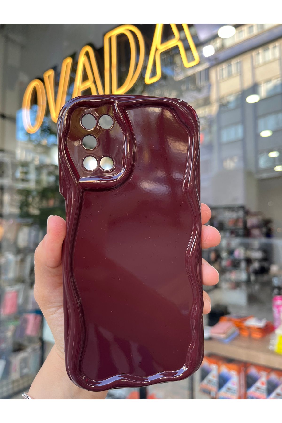 OVADA OPPO A52/A72/A92 Uyumlu Kamera Korumalı Dalga Kenarlı Işıltılı Bordo Cherry Silikon Kılıf