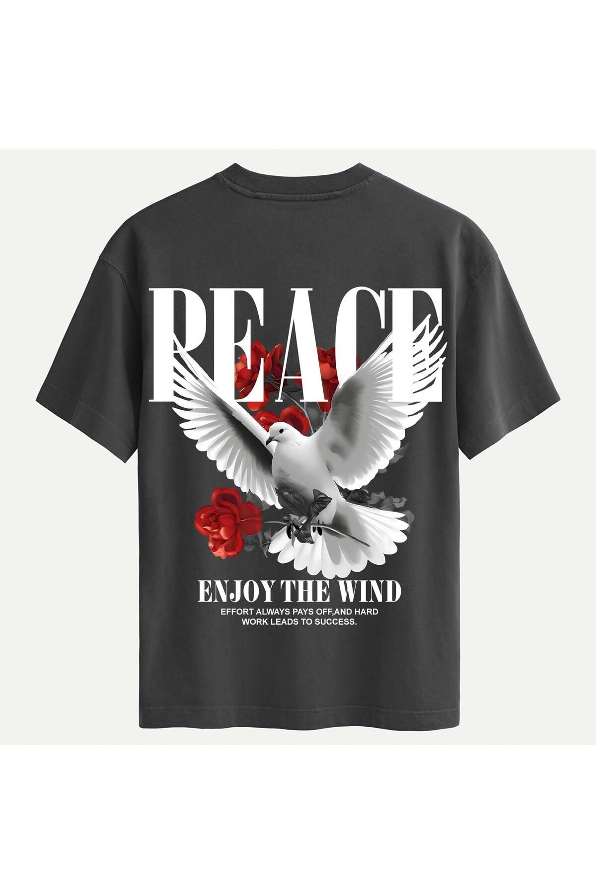 SOFTWAY Unisex Bisiklet Yaka %100 Organik Pamuklu Kalın Dokulu Peace Baskılı Oversize T-shirt - FÜME