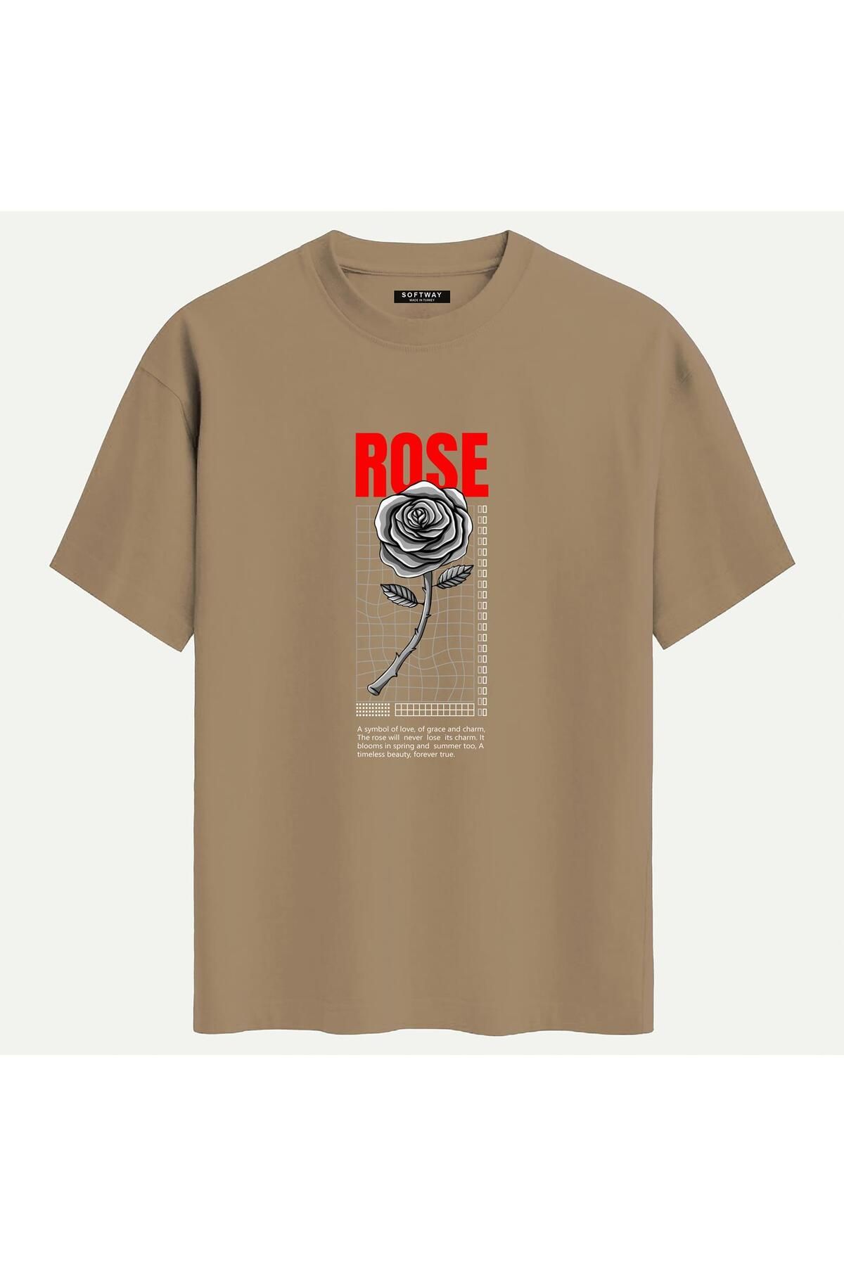 SOFTWAY Unisex Bisiklet Yaka %100 Organik Pamuklu Kalın Dokulu Rose Baskılı Oversize T-shirt - AÇIK KAHVEREN