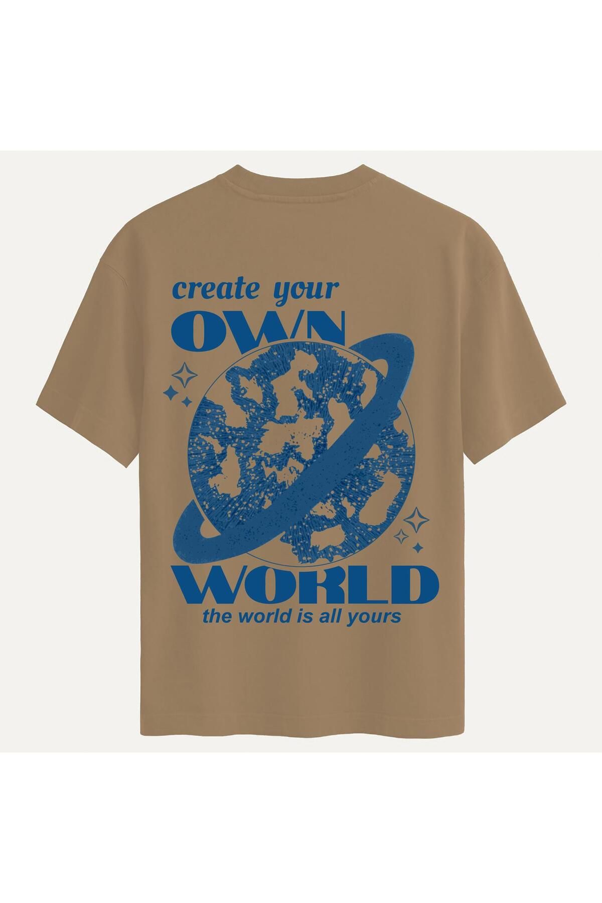 SOFTWAY Unisex Bisiklet Yaka %100 Organik Pamuklu Kalın Dokulu Own World Baskılı Oversize T-shirt - AÇIK KAH