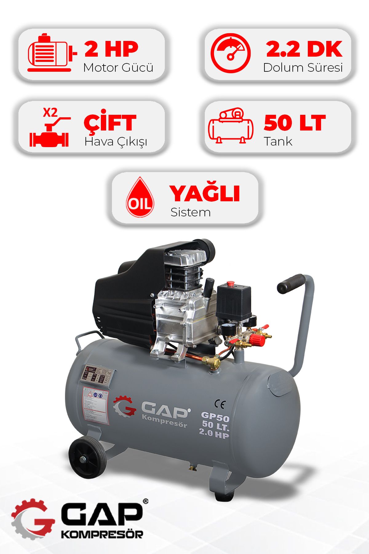 GAP KOMPRESÖR Hava Kompresörü Pistonlu 50 lt 8 Bar 2 Hp GP50