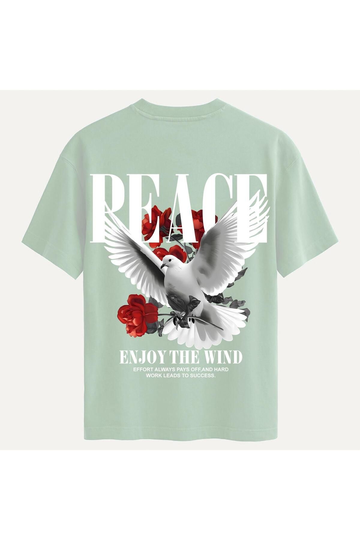 SOFTWAY Unisex Bisiklet Yaka %100 Organik Pamuklu Kalın Dokulu Peace Baskılı Oversize T-shirt - BEJ