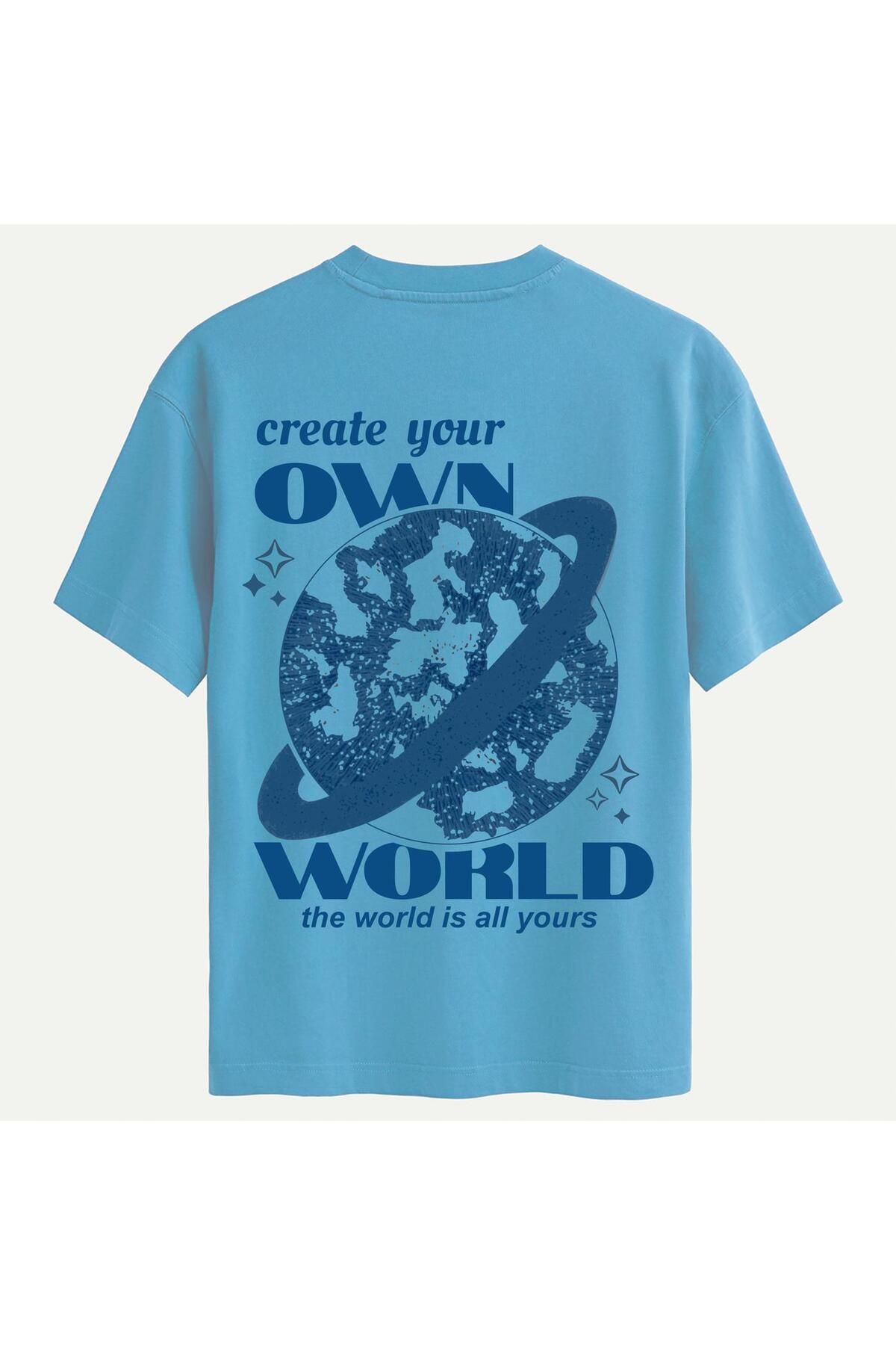 SOFTWAY Unisex Bisiklet Yaka %100 Organik Pamuklu Kalın Dokulu Own World Baskılı Oversize T-shirt - MAVİ