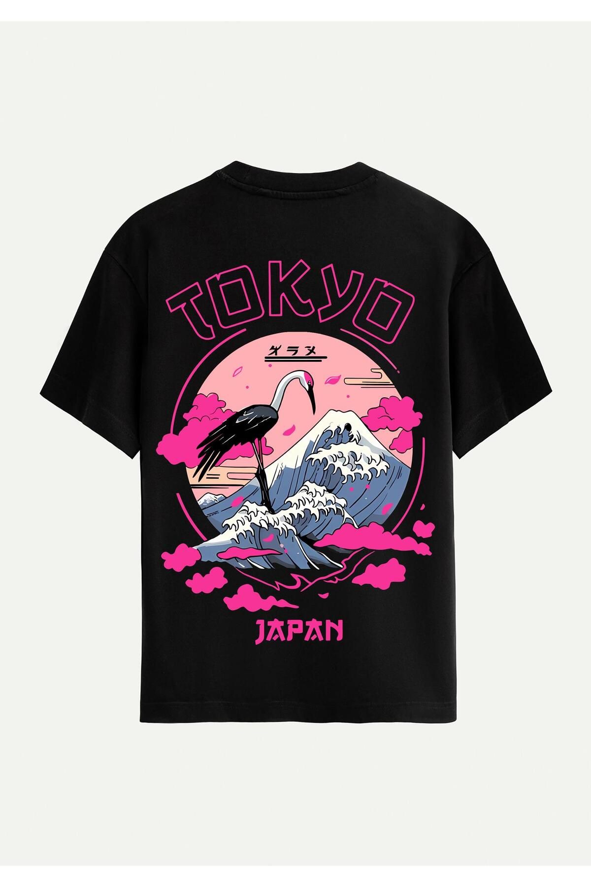SOFTWAY Unisex Bisiklet Yaka %100 Organik Pamuklu Kalın Dokulu Tokyo Baskılı Oversize T-shirt - SİYAH