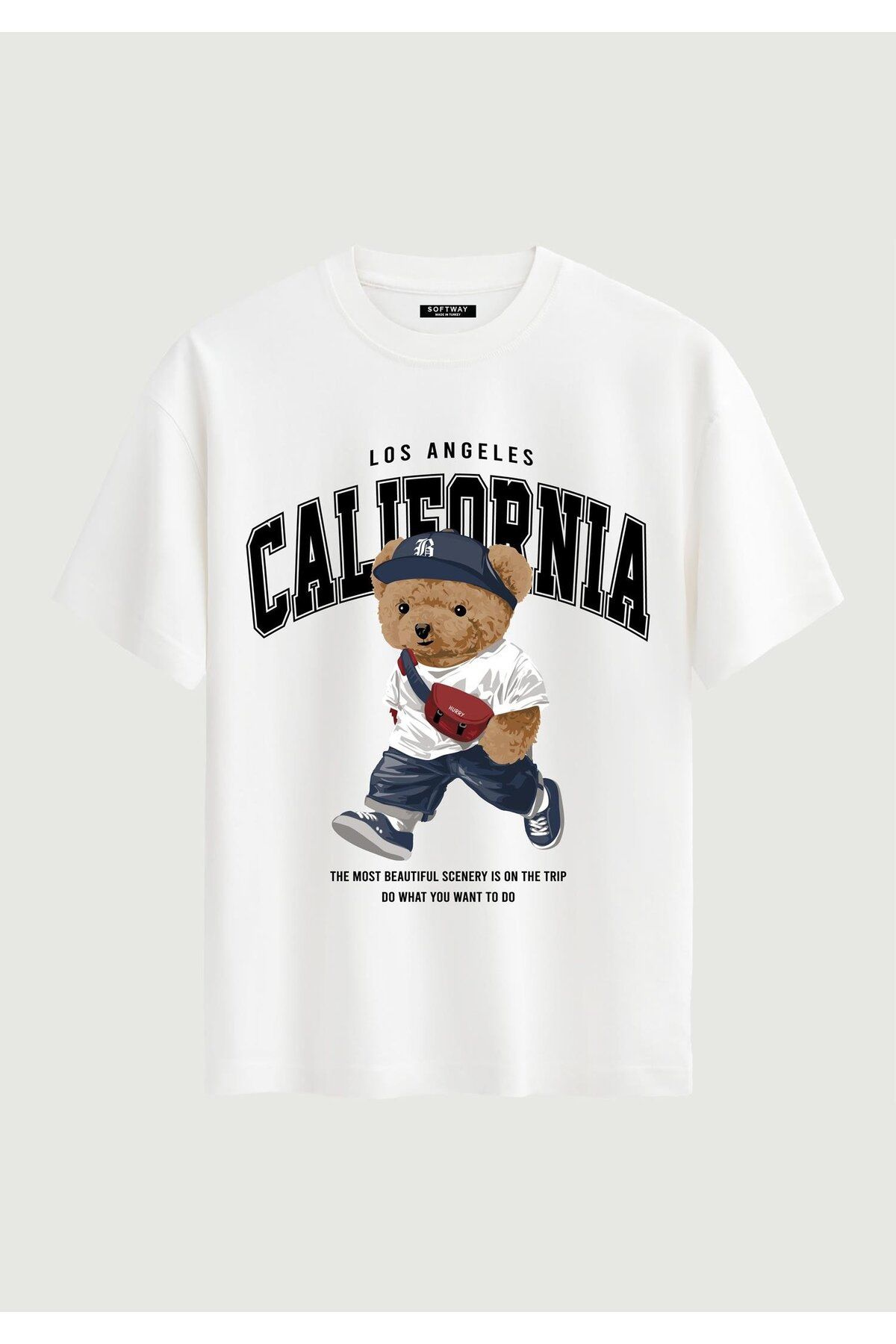 SOFTWAY Unisex Bisiklet Yaka %100 Organik Pamuklu Kalın Dokulu California Baskılı Oversize T-shirt - BEYAZ