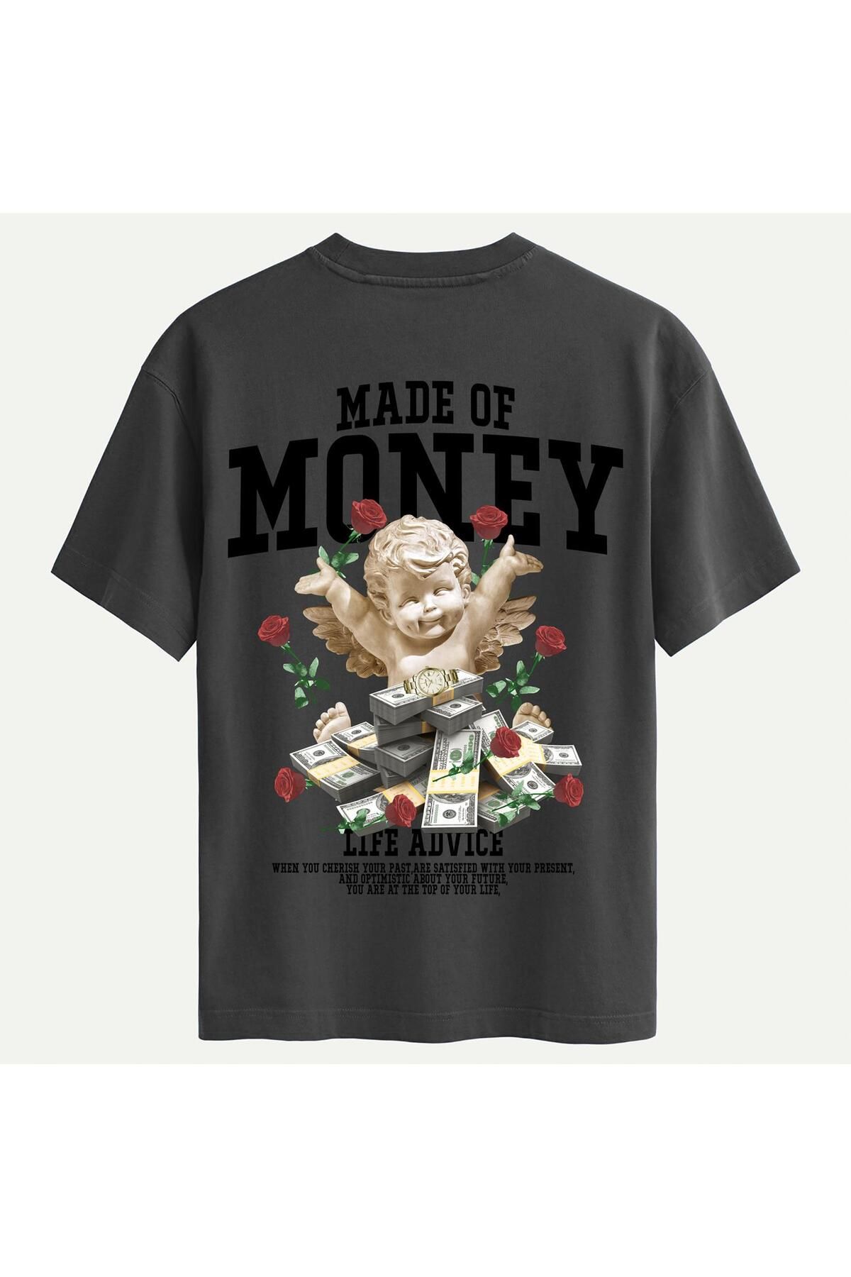 SOFTWAY Unisex Bisiklet Yaka %100 Organik Pamuklu Kalın Dokulu Made Of Money Baskılı Oversize T-shirt - FÜME