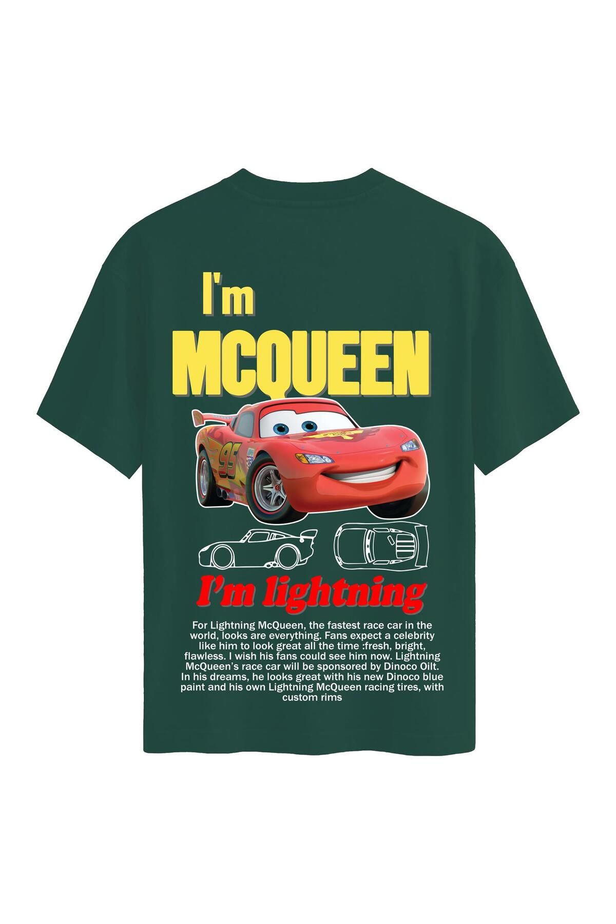 SOFTWAY Unisex Bisiklet Yaka %100 Organik Pamuklu Kalın Dokulu McQueen Baskılı Oversize T-shirt - KOYU YEŞİL