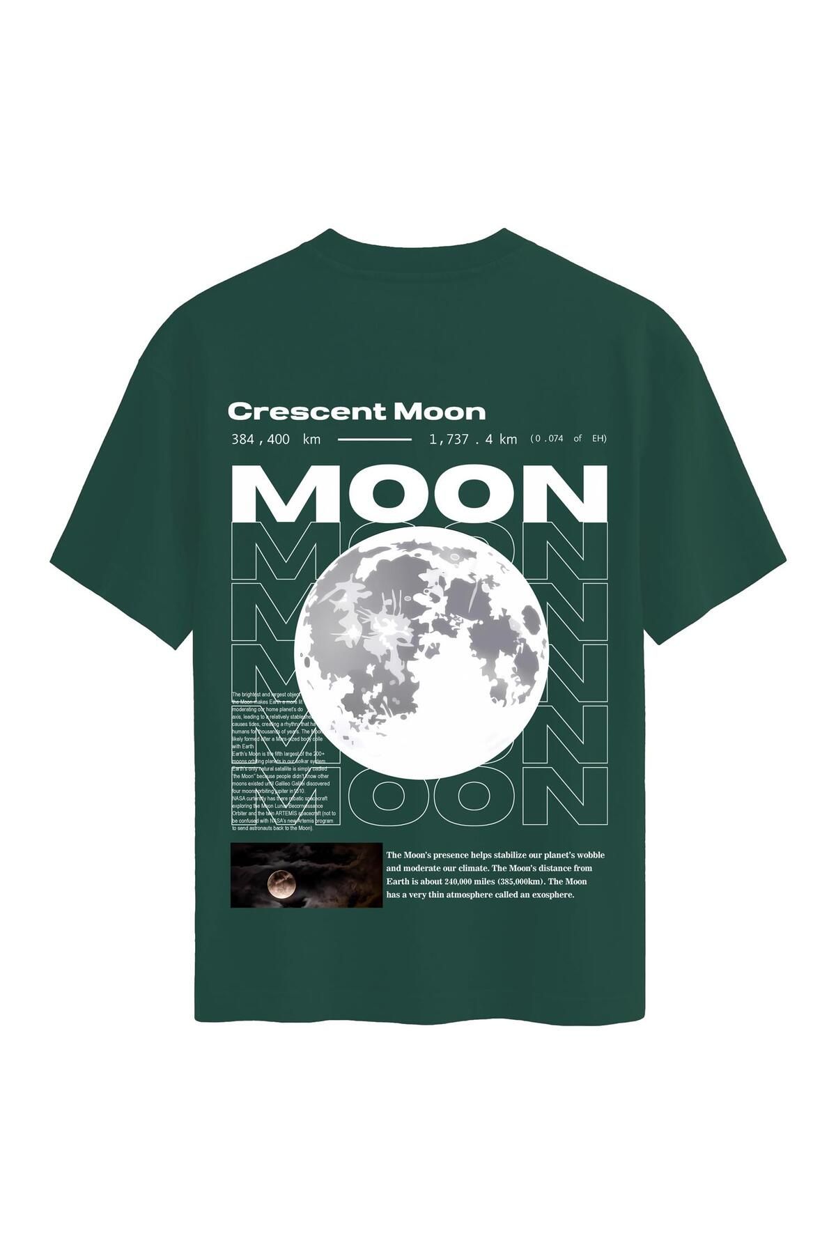 SOFTWAY Unisex Bisiklet Yaka %100 Organik Pamuklu Kalın Dokulu Moon Baskılı Oversize T-shirt - KOYU YEŞİL