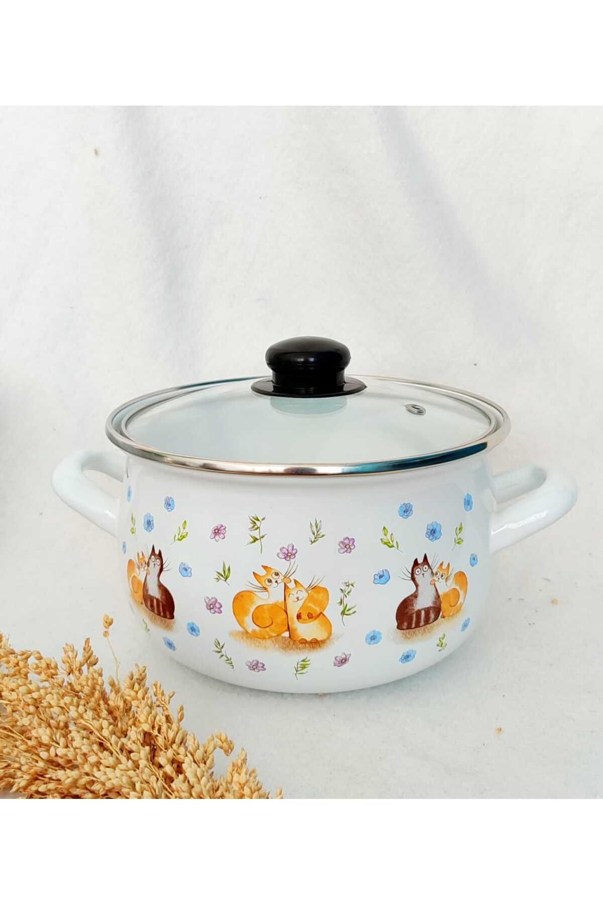 EBRULİEMAYE KEDİ CAT DEKOR EMAYE TENCERE 2 LİTRE 18 CM SÜT YOĞURT ÇORBA TENCERESİ