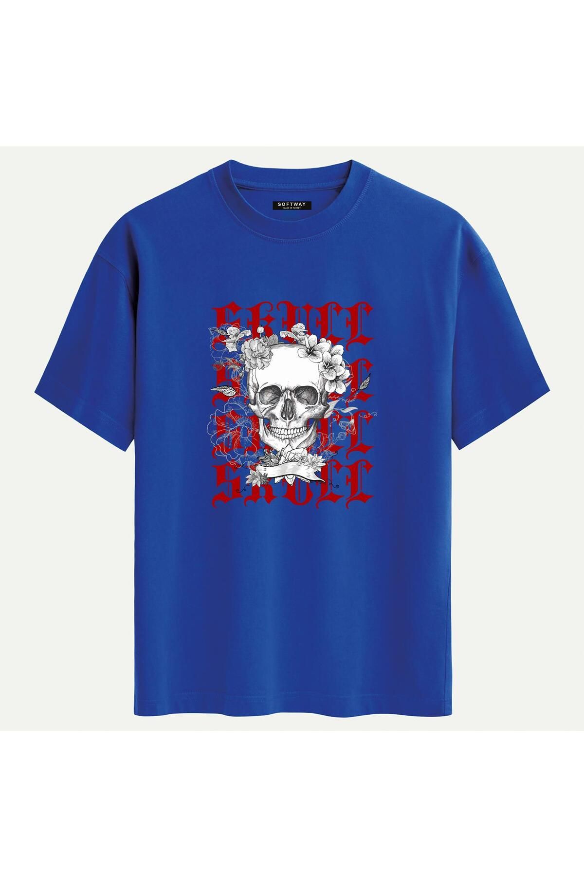 SOFTWAY Unisex Bisiklet Yaka %100 Organik Pamuklu Kalın Dokulu Skull Baskılı Oversize T-shirt - SAKS MAVİSİ