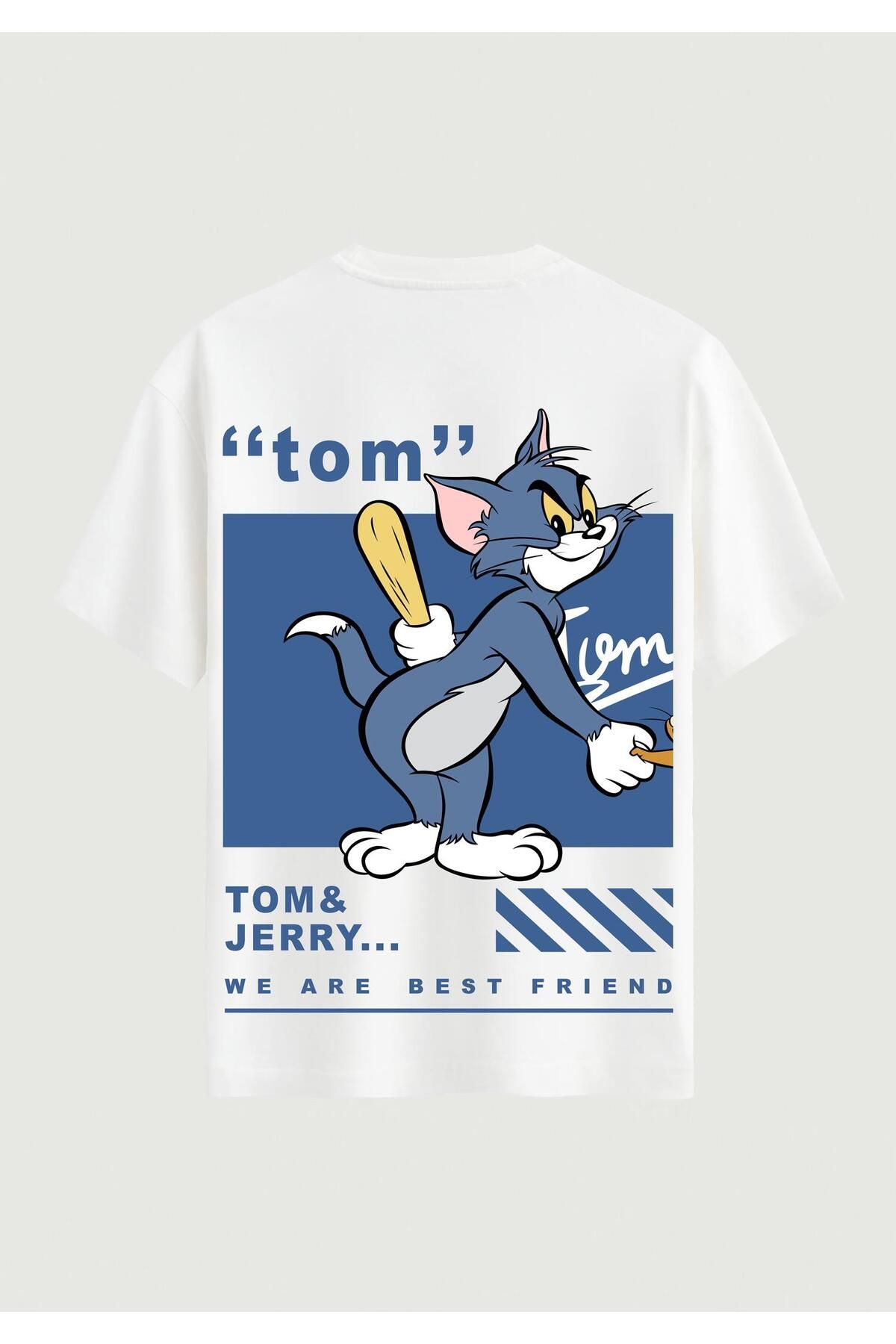 SOFTWAY Unisex Bisiklet Yaka %100 Organik Pamuklu Kalın Dokulu Tom Baskılı Oversize T-shirt - BEYAZ