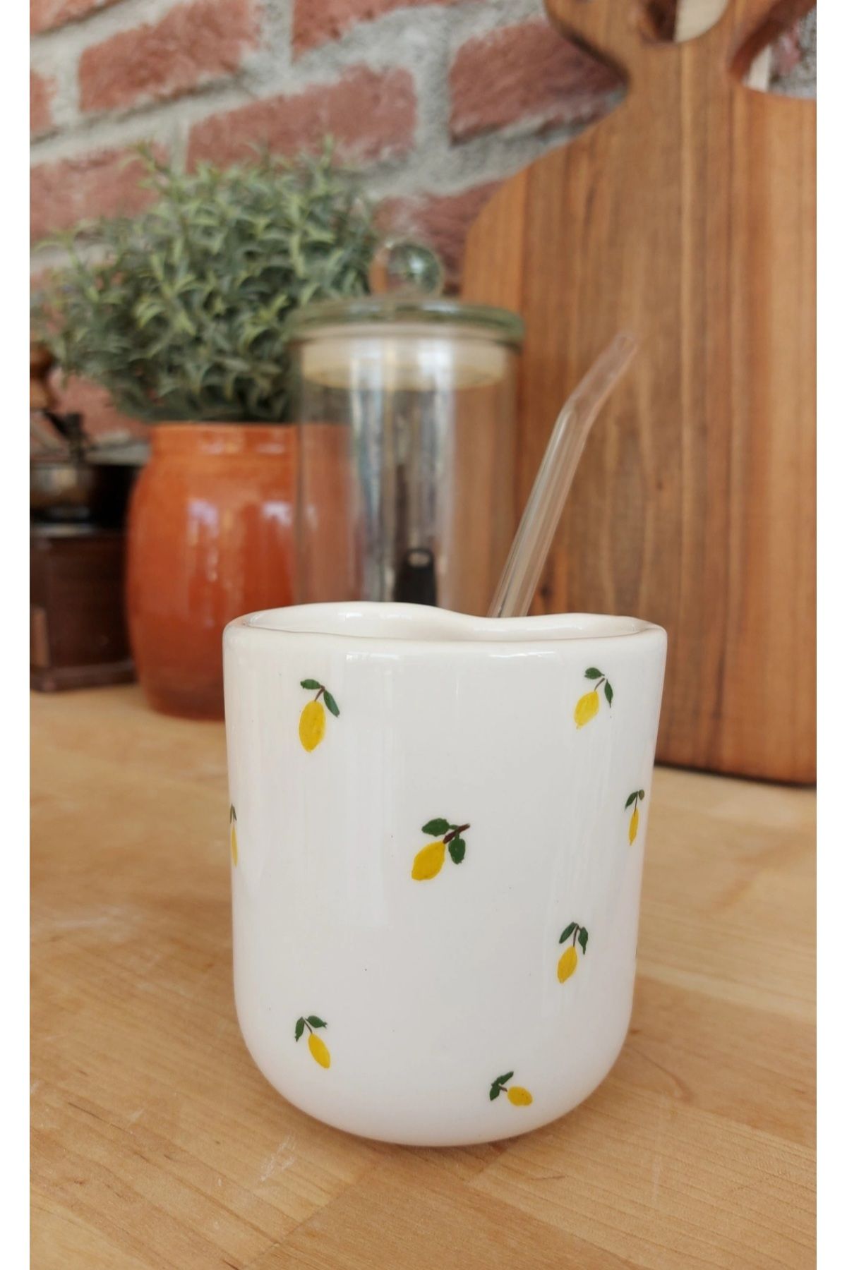 Ohlala Atelier Seramik Limon Desenli Pipetli Kupa Soğuk Kahve Bardağı El Yapımı Handmade Ceramic Mug