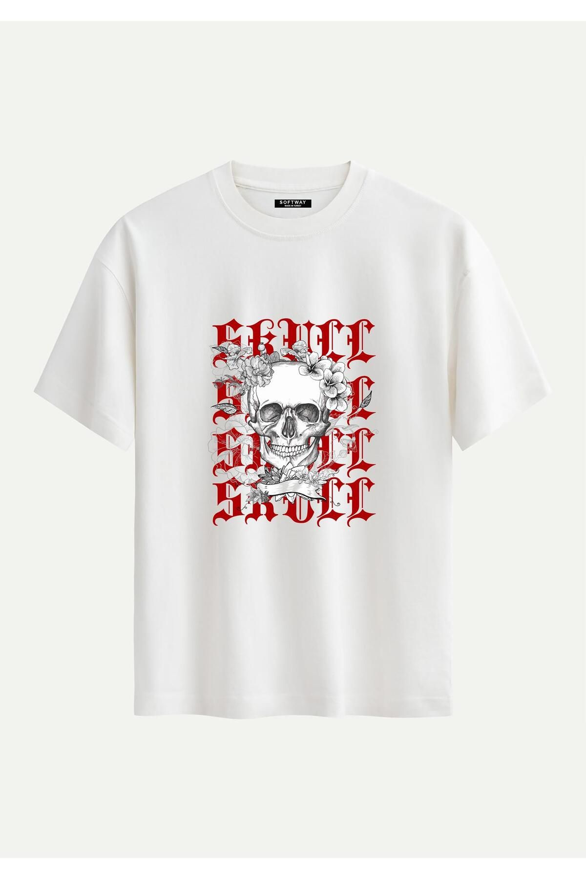 SOFTWAY Unisex Bisiklet Yaka %100 Organik Pamuklu Kalın Dokulu Skull Baskılı Oversize T-shirt - EKRU